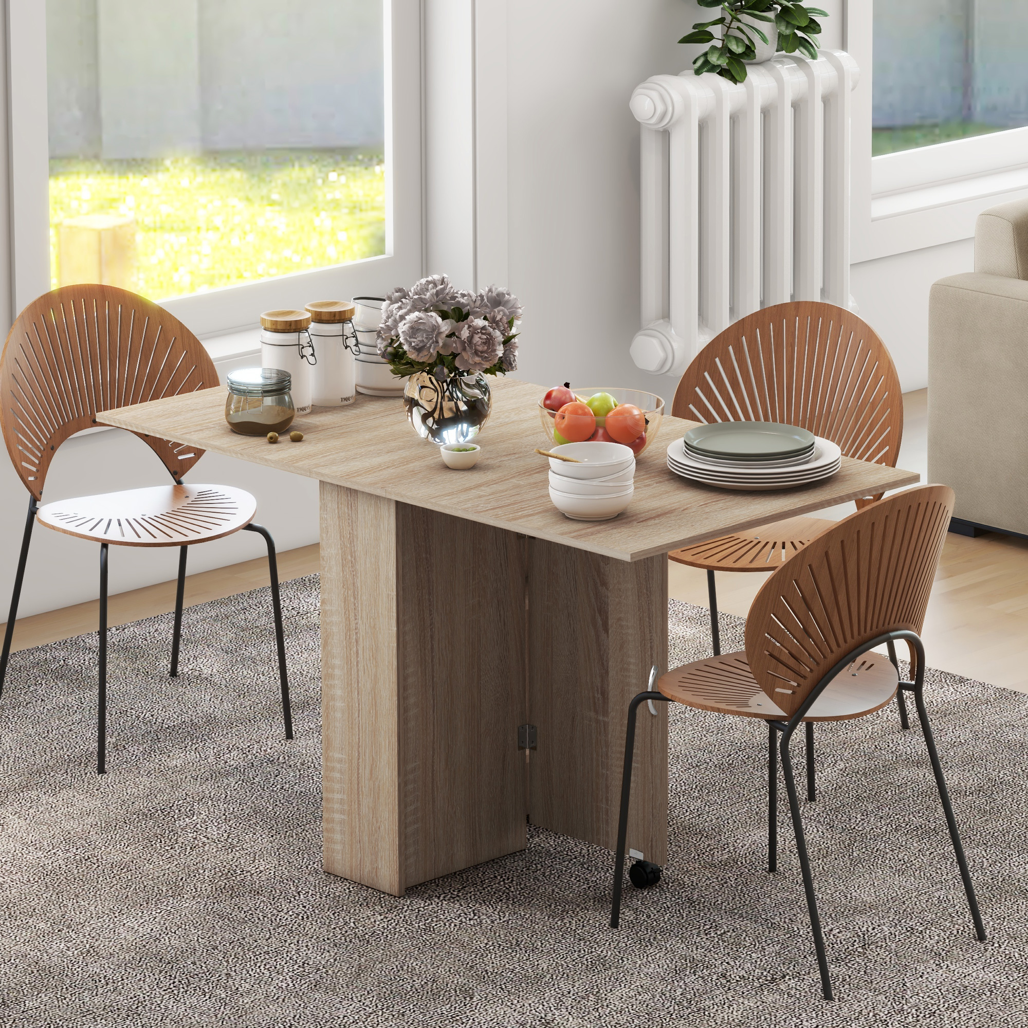 HOMCOM Folding Dining Table, Collapsible Folding Table with2-tier Shelves and Rolling Casters, Nature Wood Aosom Canada