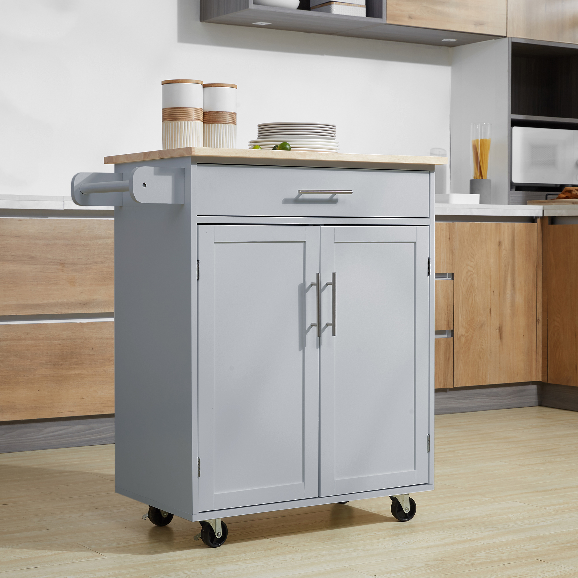HOMCOM Versatile Kitchen Aide: Rolling Island Cart with Wood Top, Storage Drawer, Towel Bar, Shelves, and Grey Finish Aosom Canada