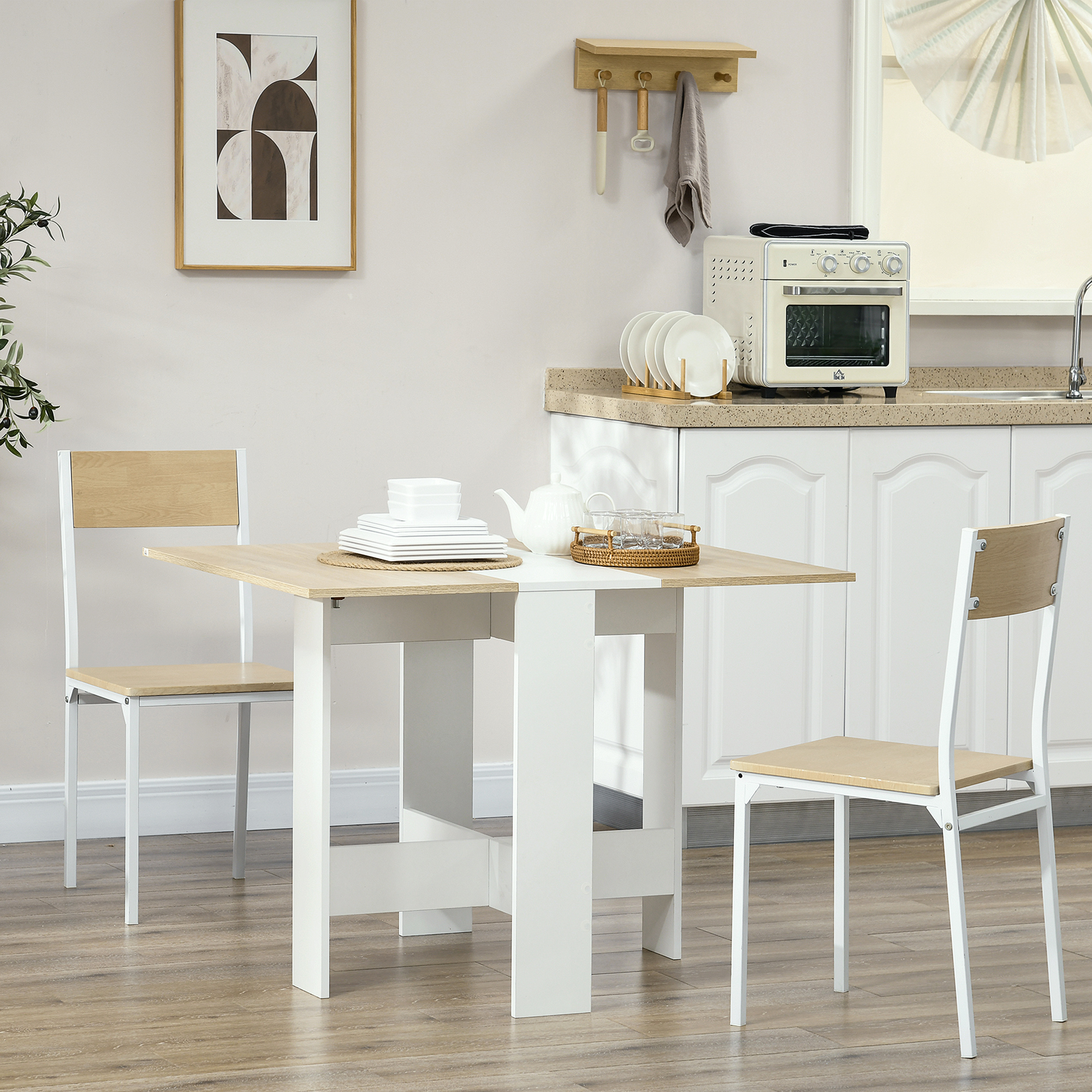 HOMCOM Drop Leaf Table Wood Folding Dining Table Multi-Use Side Table Dining Desk Space Saving Home Furniture White/Oak Aosom Canada