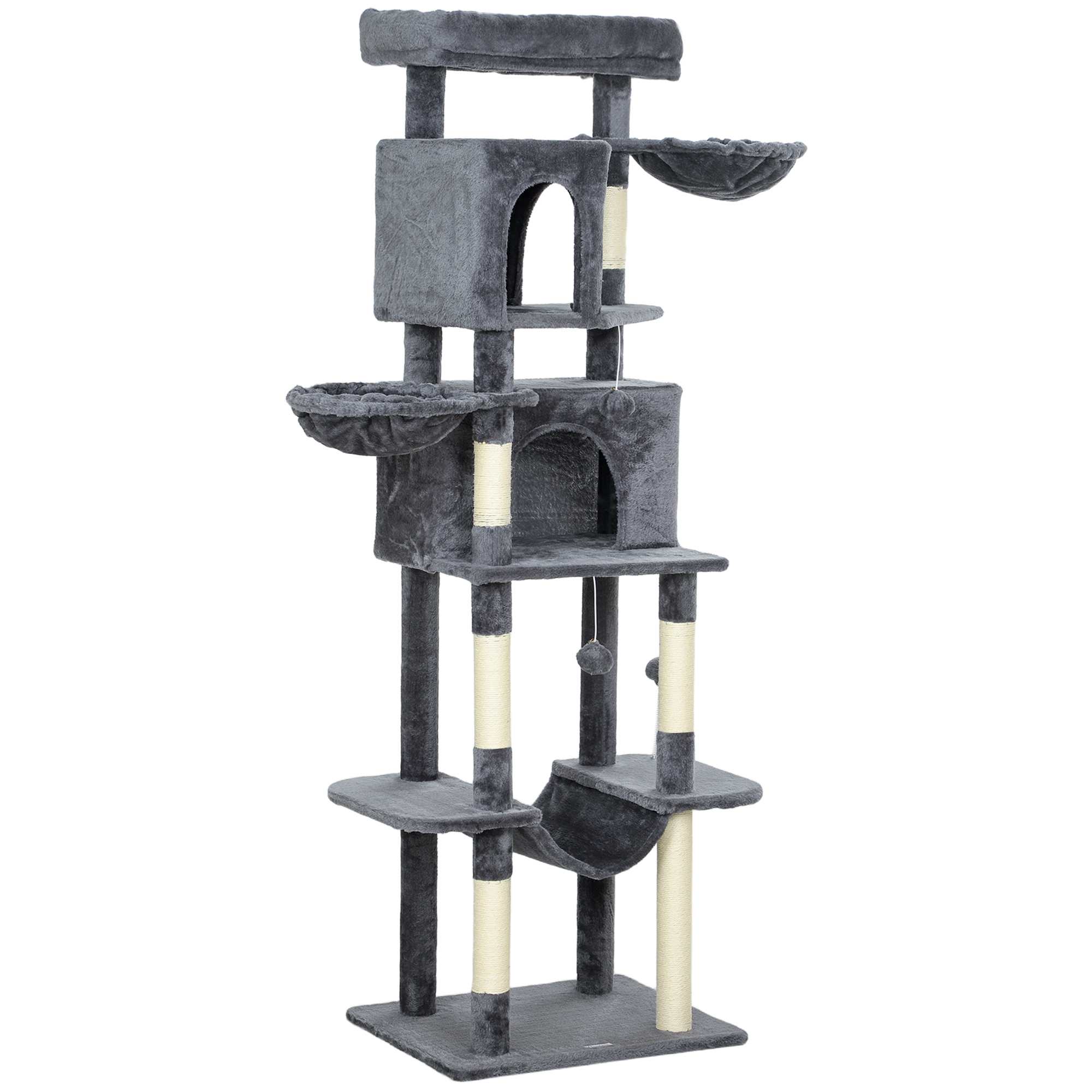Multi-Level Feline Tower with 2 Condos, 69" Feline Tree, Plush Perch and Sisal Scratching Posts, Dark Grey 1