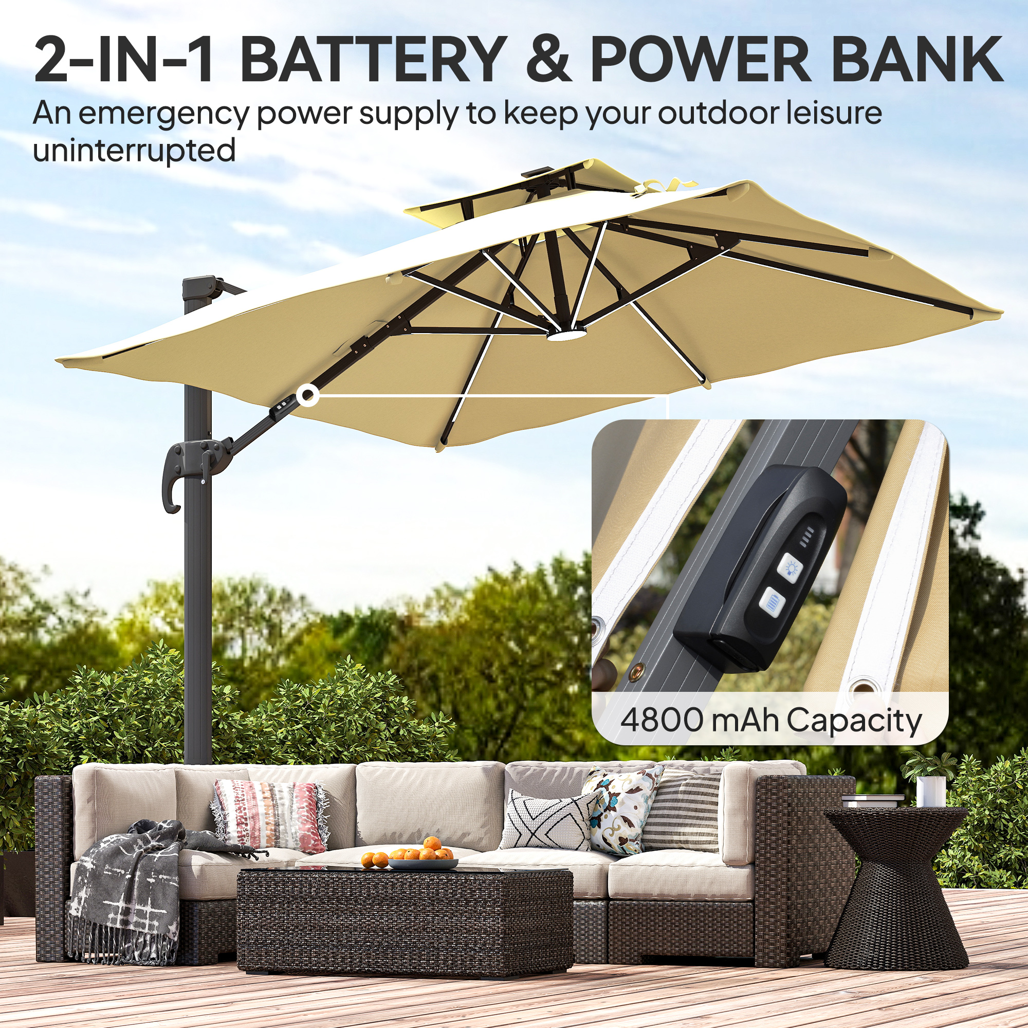 Outsunny 10ft Khaki Solar LED Cantilever Umbrella with 360 Rotation and Tilt for Outdoor Garden Yard Outsunny 10ft Khaki Solar LED Cantilever Umbrella with 360 Rotation and Tilt for Outdoor Garden Yard