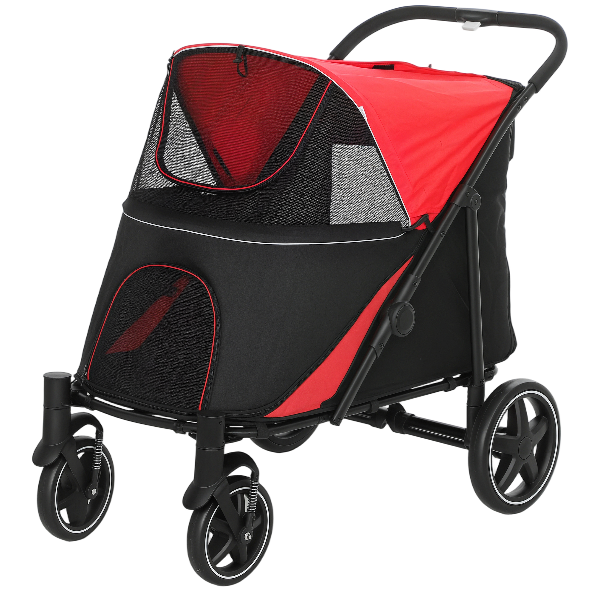 PawHut Pet Stroller with Universal Front Wheels, Shock Absorber, One Click  Foldable Dog Cat Carriage with Brakes, Storage Bags, Mesh Window, Safety  Leash for Large & Medium-sized Dogs, Red | Aosom.com