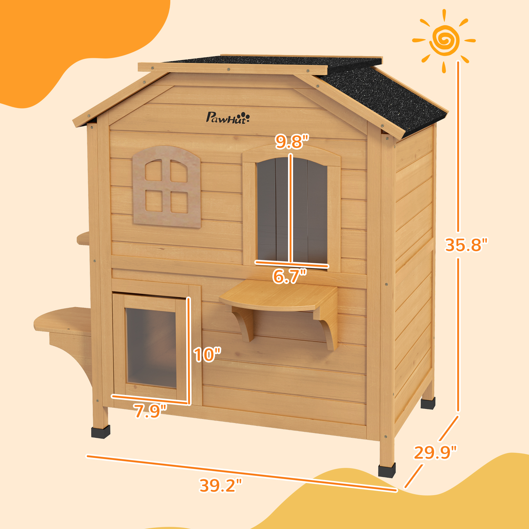 PawHut Solid Wood Cat House 2-Stories with Tons of Room Waterproof