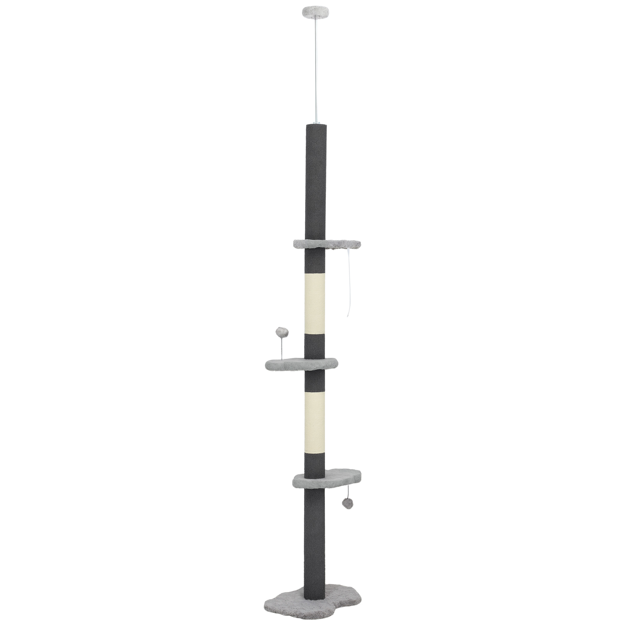 Feline Tower with Scratching Posts, 88.5"-100.5" Ground to Overhead Feline Tree, Cloud Shaped Platforms, Dangling Balls, Grey 1