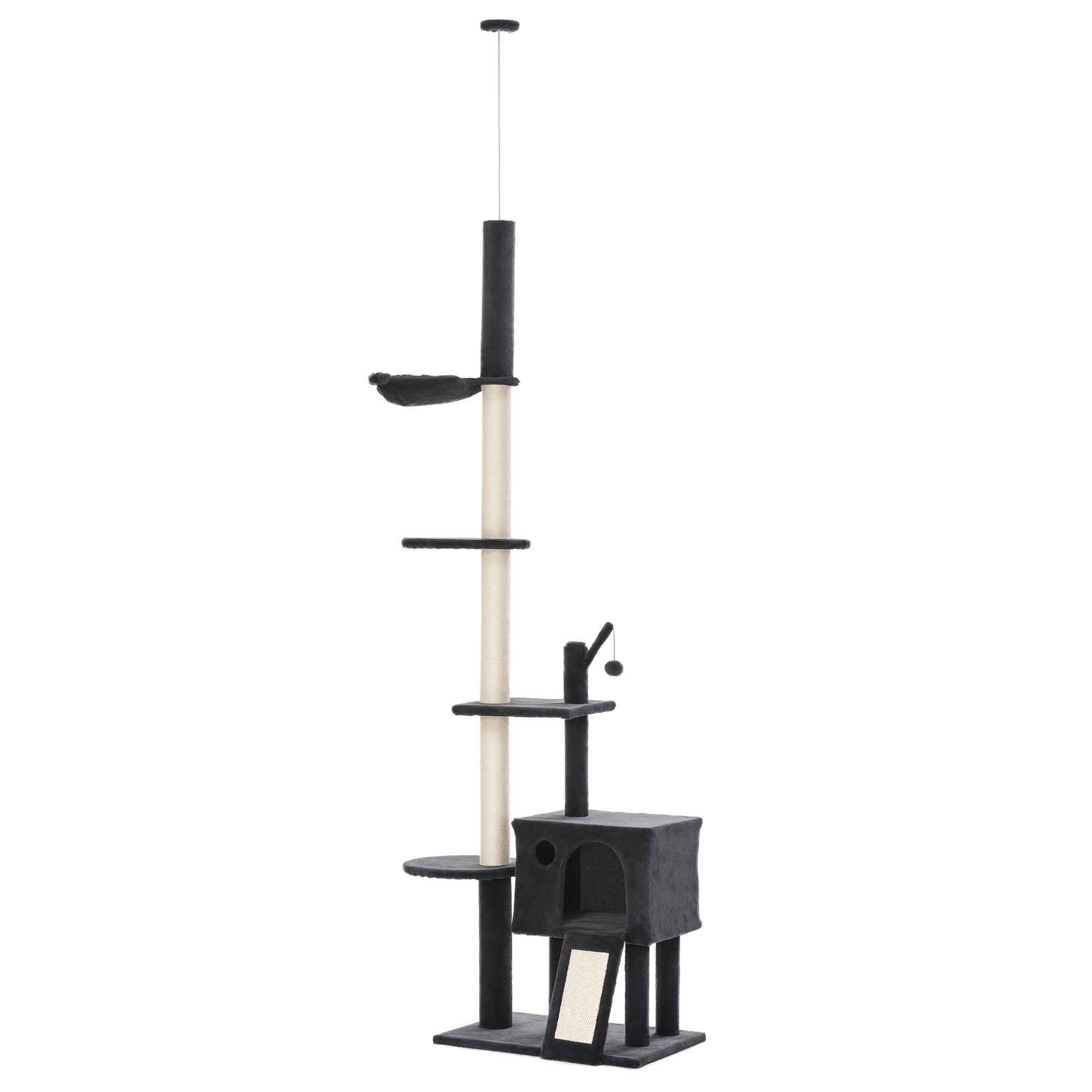 PawHut 106″ Huge Cat Tree Floor-to-Ceiling, Cat Climbing Tower, Kitty Activity Center with Scratching Post Board, Hammock, Hanging Ball, Rest Dark Gray