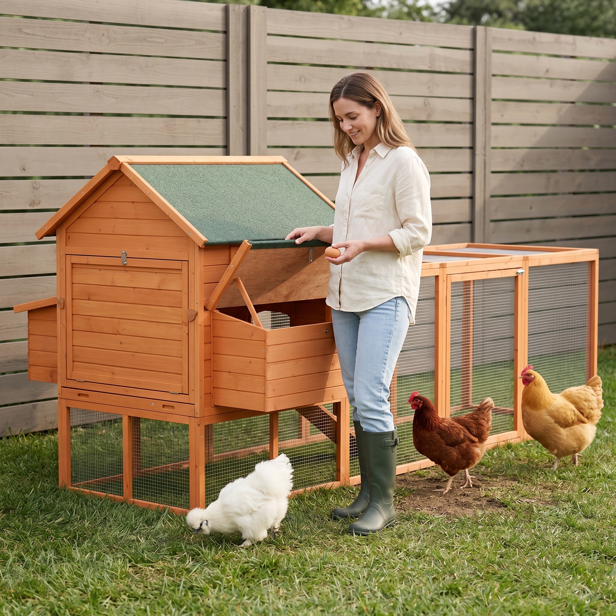 PawHut XL Solid Wood Deluxe Outdoor Lockable Chicken Coop Kit with