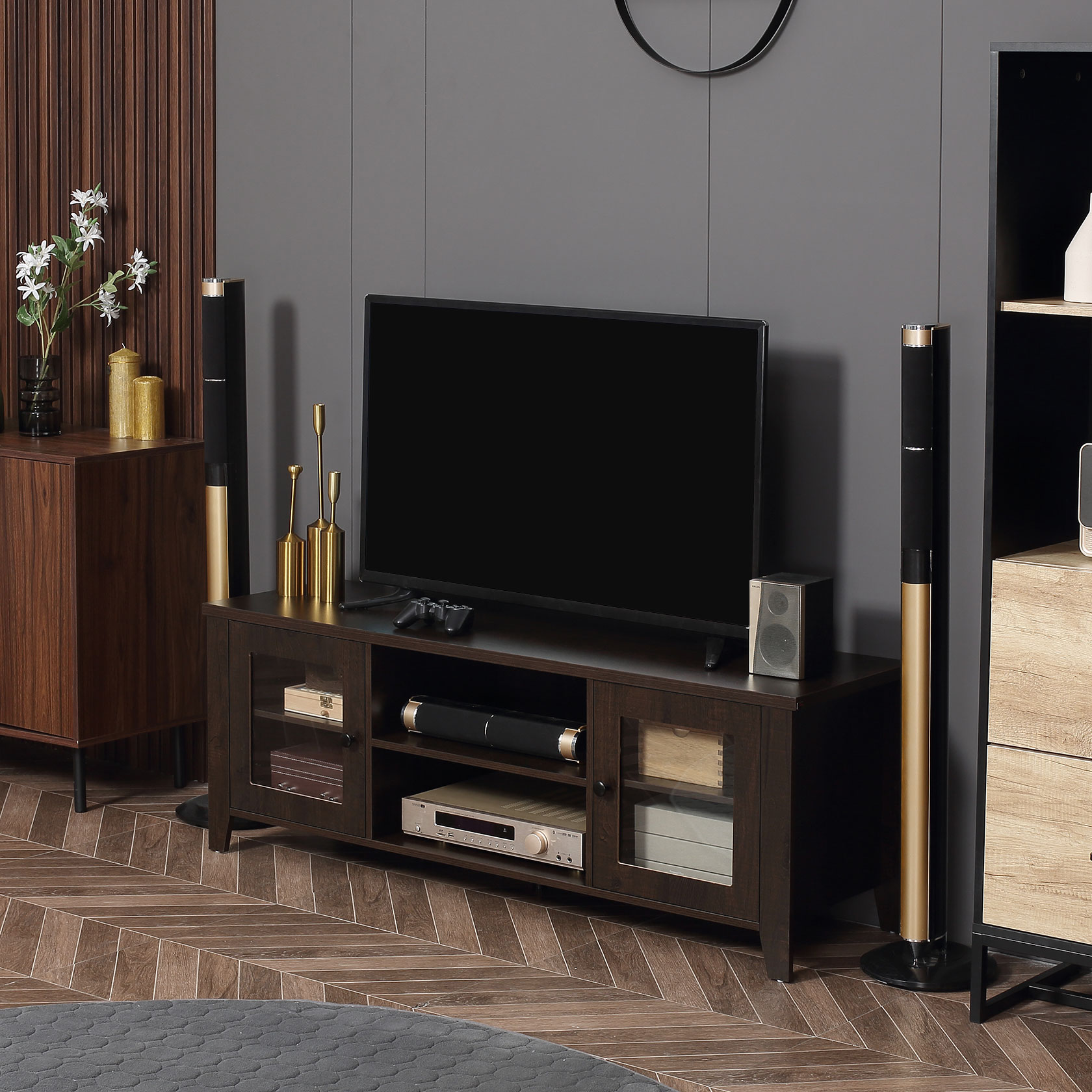 HOMCOM TV Stand: Modern, For TVs up to 60", Wood Console, Storage Doors, Entertainment Center, Coffee Aosom Canada