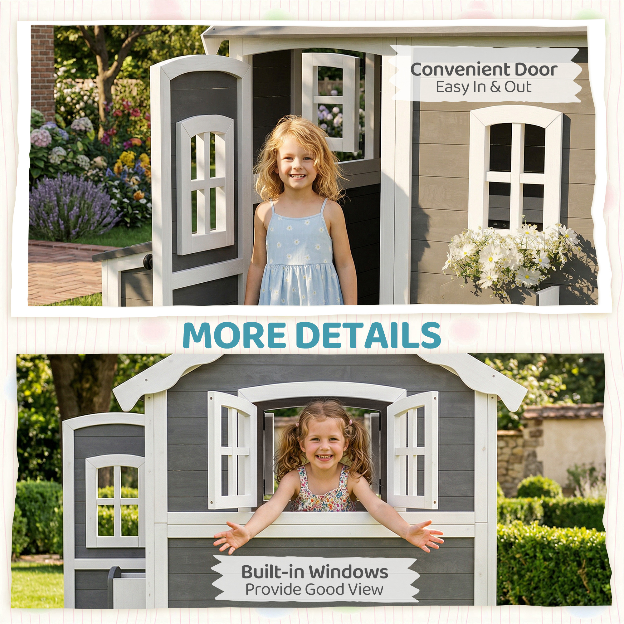 Outsunny Wooden Playhouse for Kids Outdoor with Floors, Doors