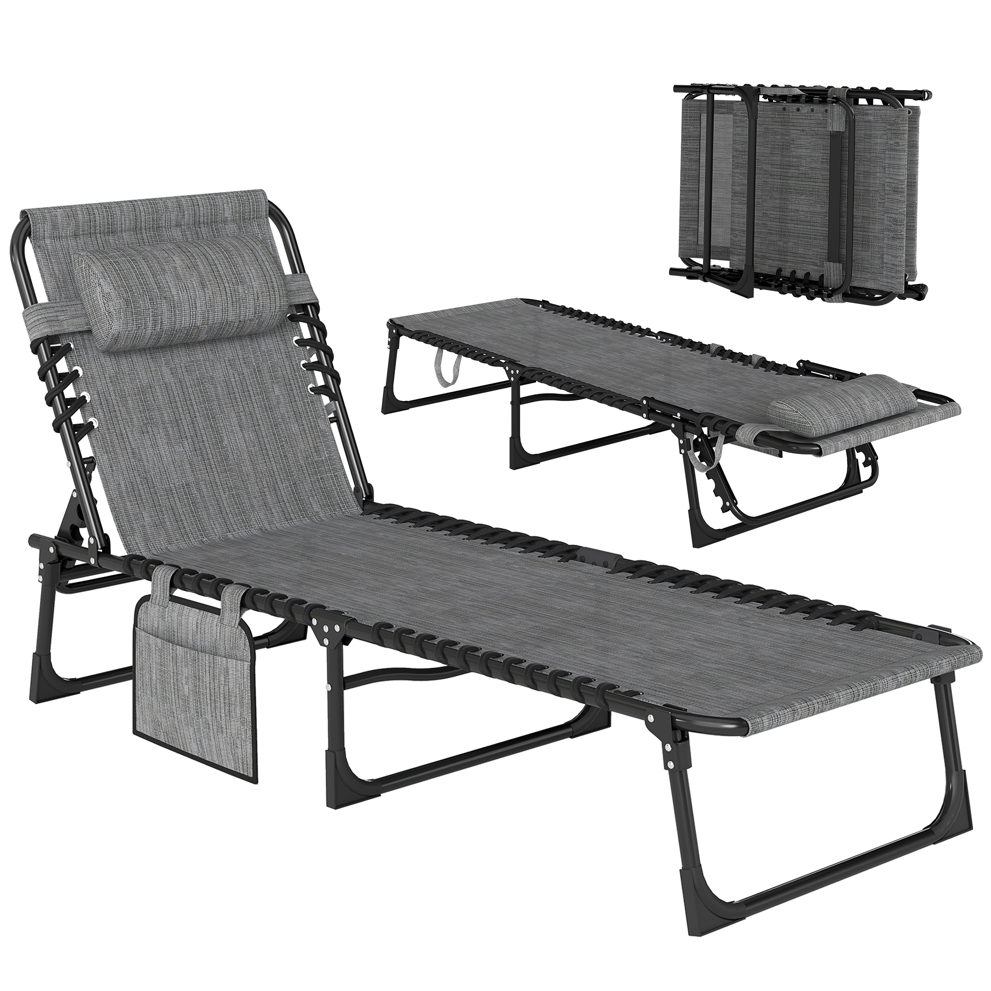 Outsunny Folding Chaise Lounge Chair Outdoor, Sun Tanning Chair with Side Pocket, Carrying Strap, Portable Patio Beach Lounger with 5-Position Reclini
