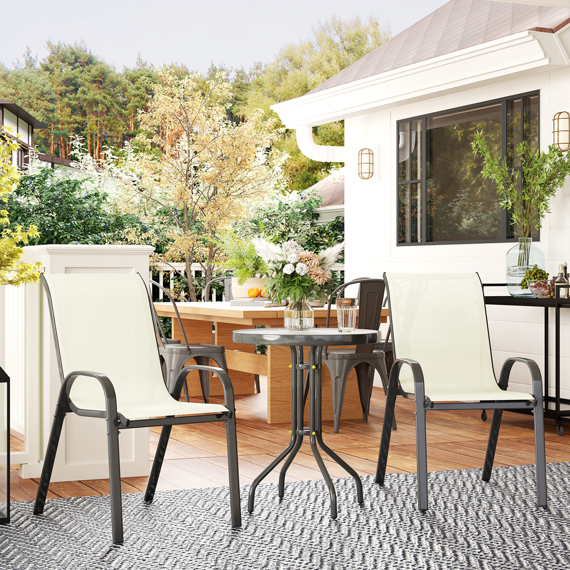 Outsunny 3 Pieces Bistro Set, Small Patio Furniture Set with Stackable Mesh Chairs, Glass Table for Garden, Balcony, Beige | Aosom Canada