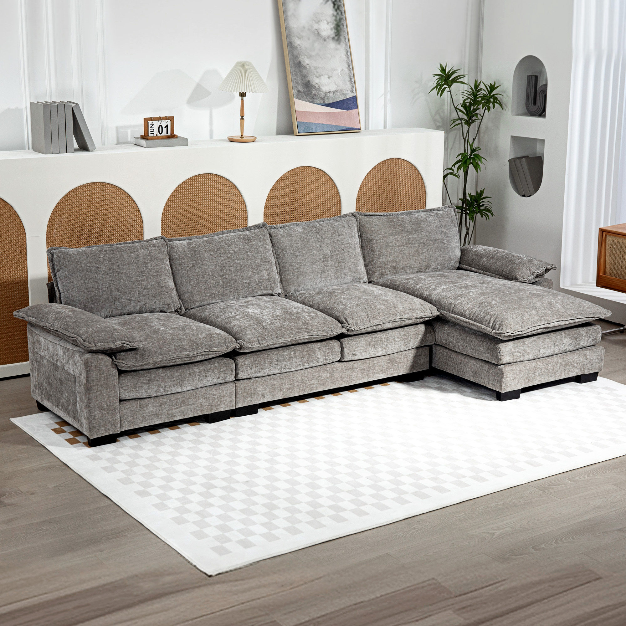 HOMCOM Sofa Couch with Chaise Lounge, Chenille L-shaped Couch with