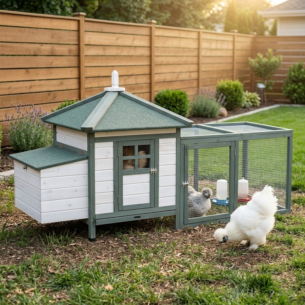 ワンコ＆ニャンコ和風ハウス PawHut Chicken Coop with Enclosed Run, Nesting Box, Large, Green