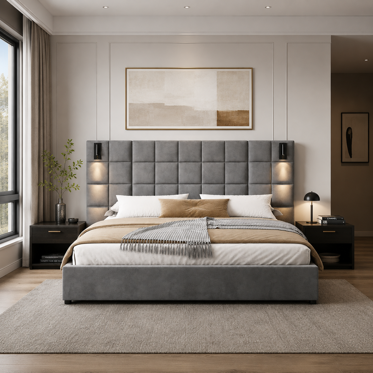 Queen Platform Bed Frame with Built-in Reading Lamps, USB Port, Platform Bed with High Headboard, 84.5'' L x 92'' W x 45.5'' H, Gray Aosom Canada