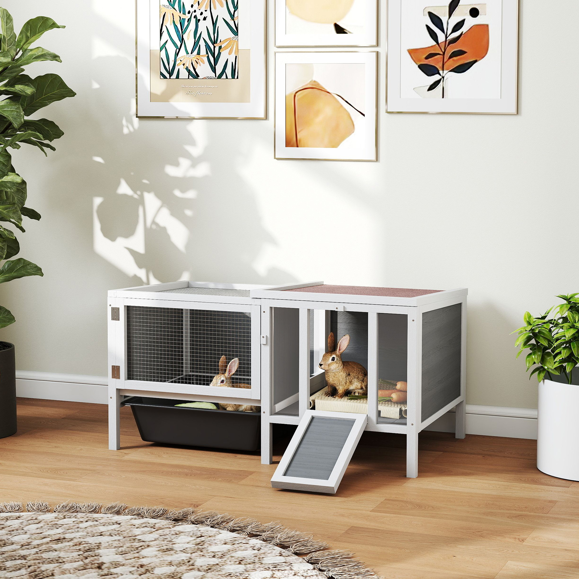 PawHut Rabbit Hutch, Wooden Guinea Pig Cage with Run, Openable Top, Pull Out Tray and Ramp, Water-Resistant Roof, Grey Aosom Canada