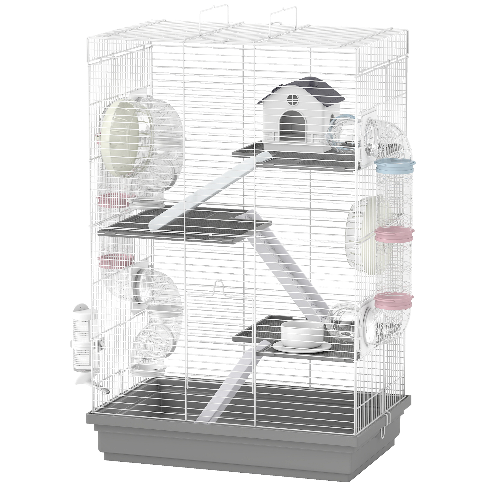 Water Bottle, 4-Level Spacious Hamster Cage with DIY Tubes, Food Dish, Hut, Exercise Castors, Grey 1