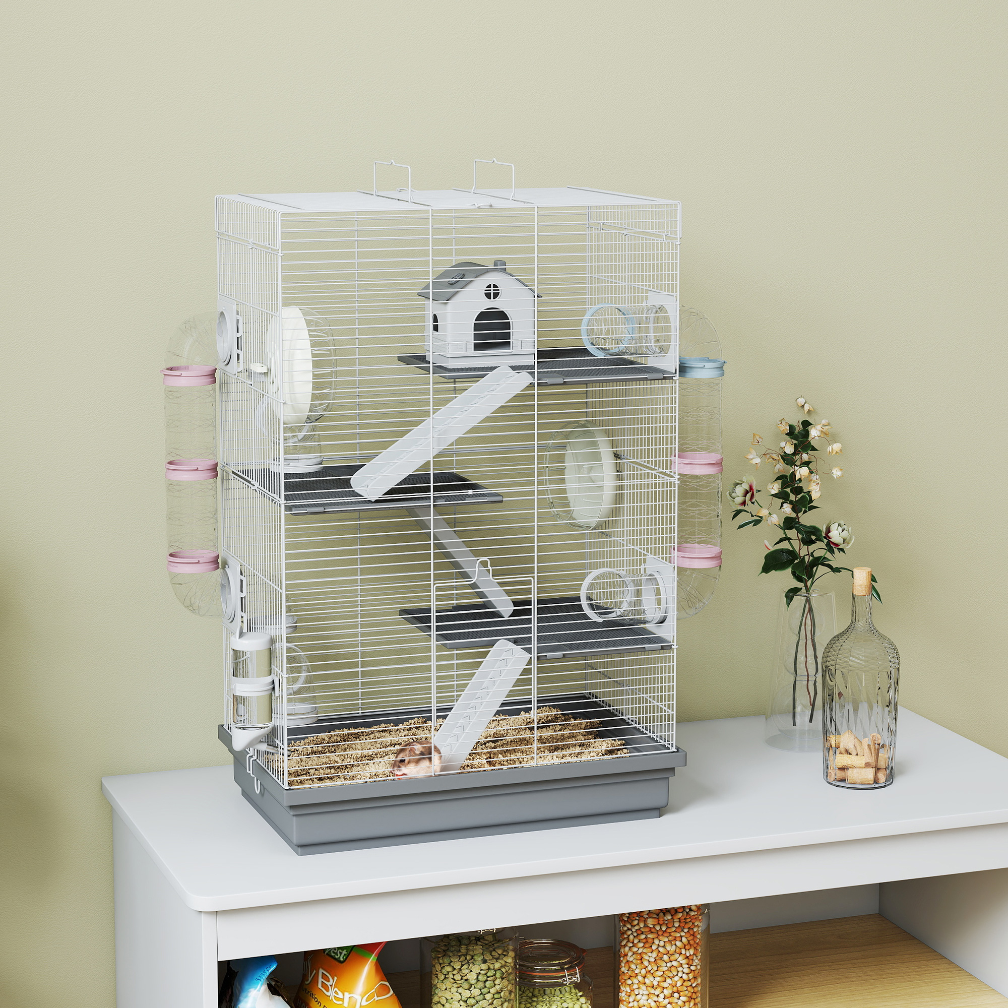 PawHut 4-Level Large Hamster Cage with DIY Tubes, Water Bottle, Food Dish, Hut, Exercise Wheels, Grey Aosom Canada