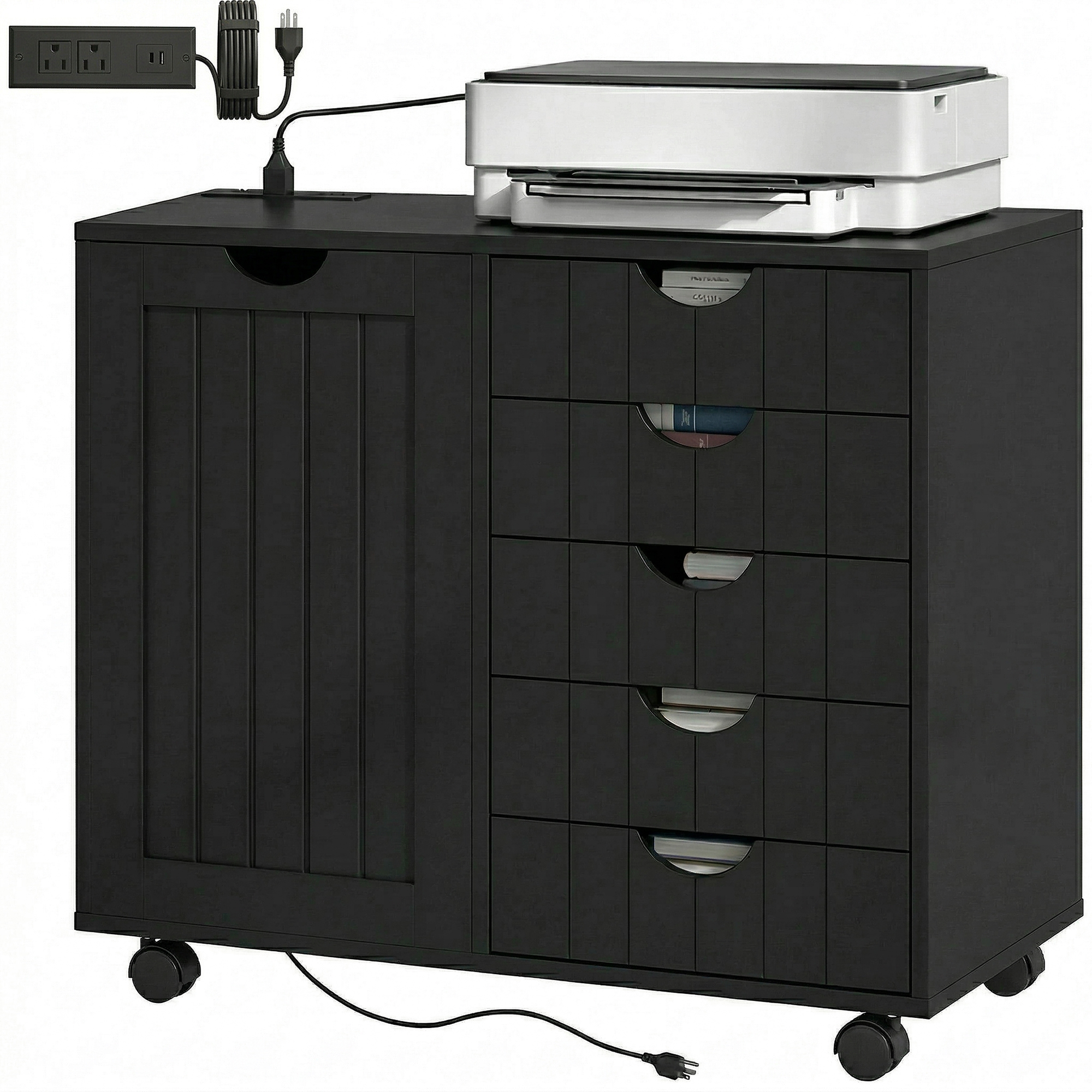Print Stand with Power Outlets and USB Ports for Home Workspace, Rolling Lateral Document Organizer Unit with 5 Drawers, Black 1
