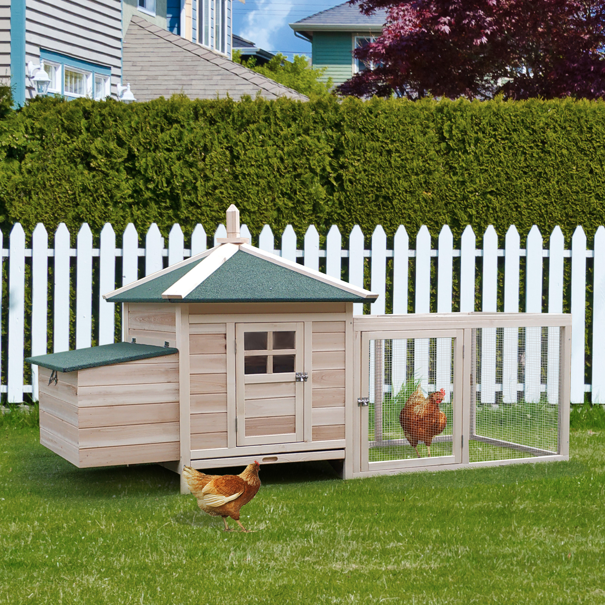 PawHut 77" Wooden Chicken Coop with Nesting Box, Lockable Doors, Slide-out Tray for 2-4 Chickens, Rabbit Hutch with Ramp, Natural Aosom Canada