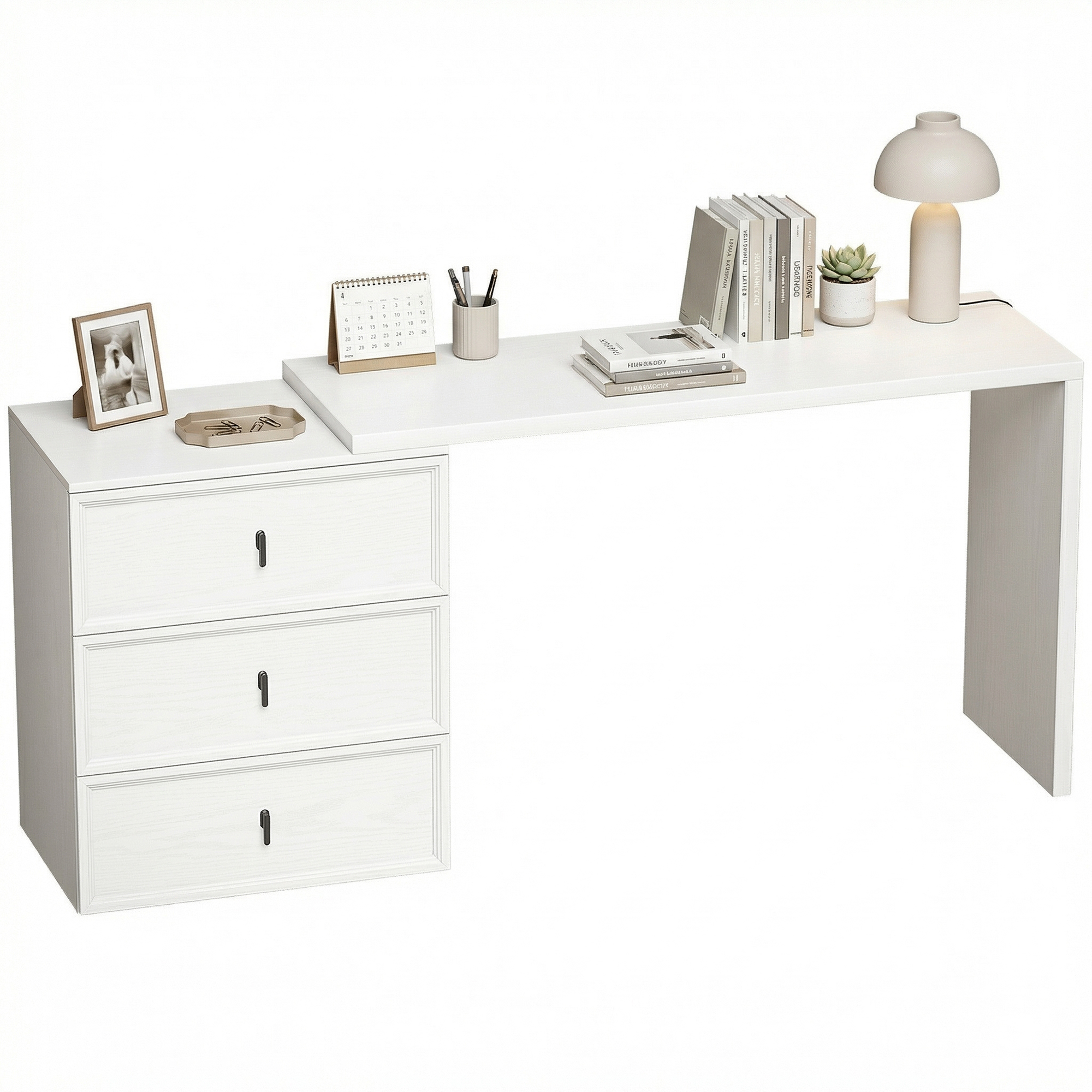 L Shaped PC Work Table Home Workspace Work Table with 3 Drawers White Wood Grain 1