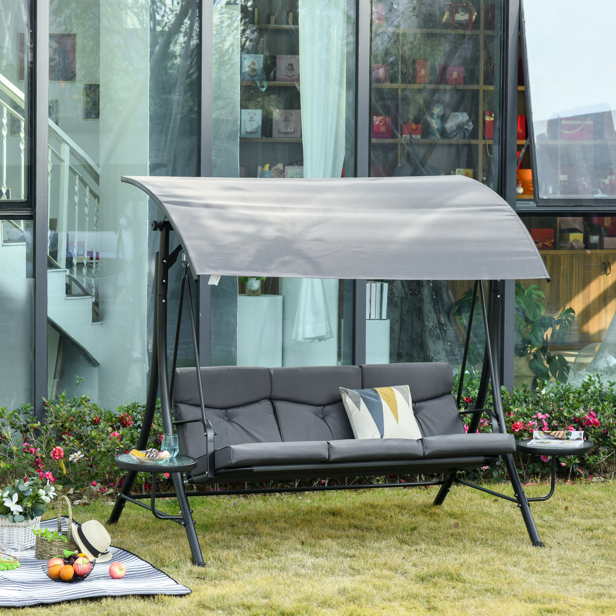 Outsunny 3 Seat Outdoor Swing Chair Steel Swing Bench Porch Swing With Adjustable Canopy & Coffee Tables & Cushion for Patio Garden Aosom Canada