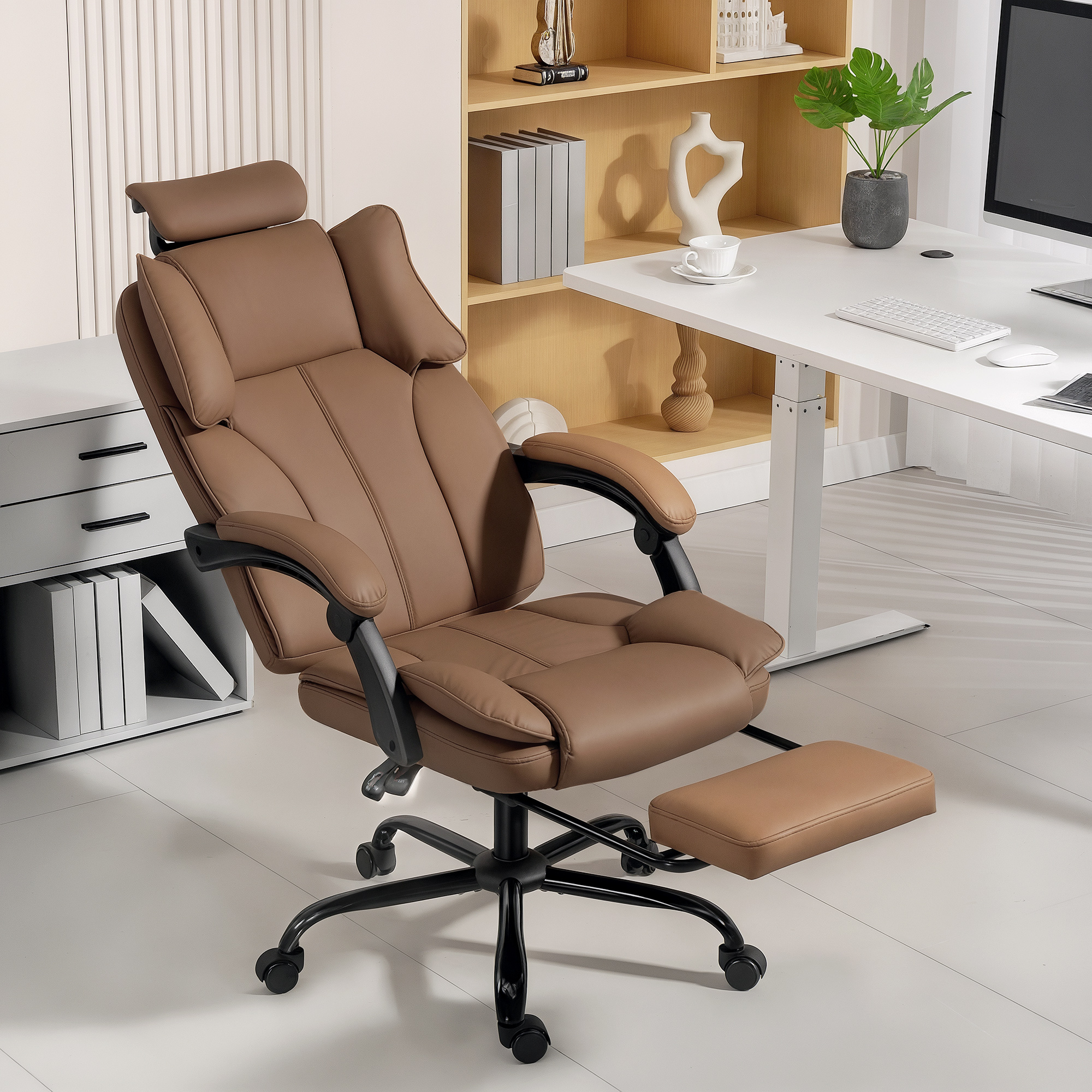 HOMCOM Reclining Office Chair, Executive Desk Chair with Pet-Friendly Fabric, Headrest, Footrest, Swivel Wheels, Brown Aosom Canada