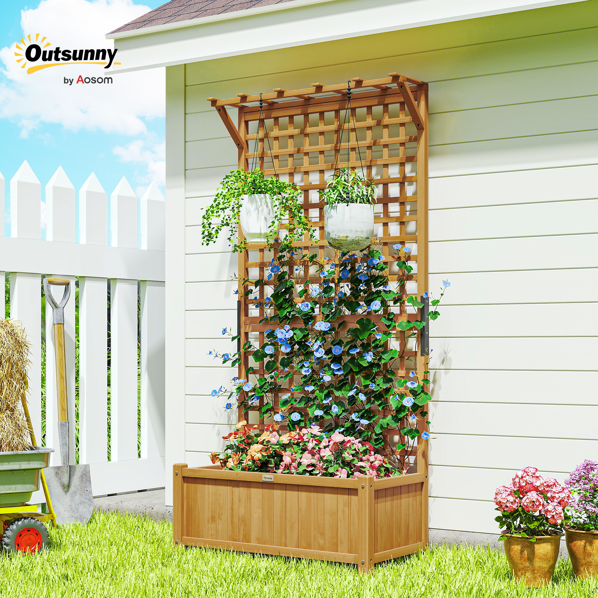 Outsunny Wooden Raised Garden Bed with Trellis and Privacy Screen - Yellow