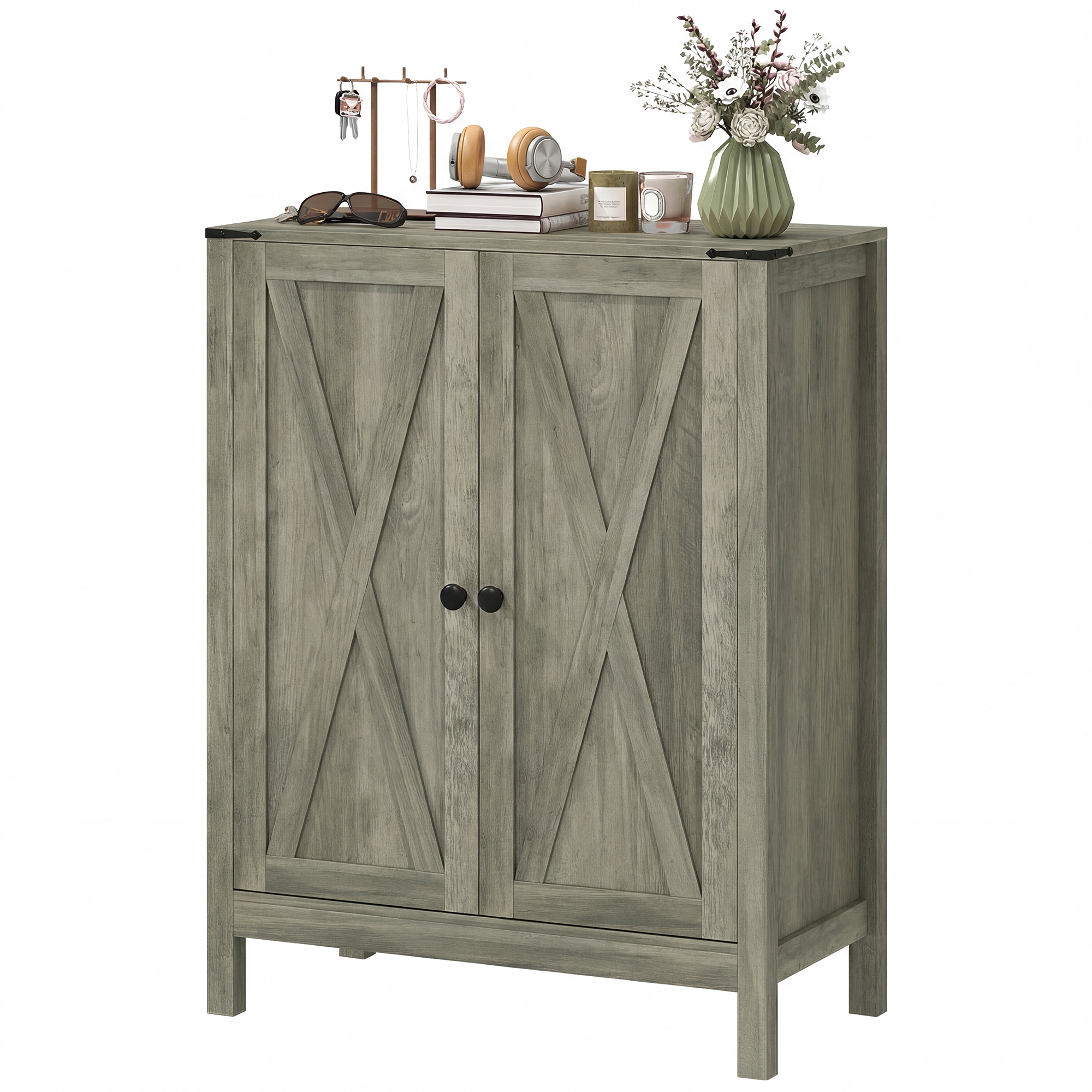Farmhouse Footwear Organizer Organizer Unit with Adjustable-Height Shelves, Footwear Organizer Unit with Barn Doors, Holds up to 15 Pairs, Grey 1