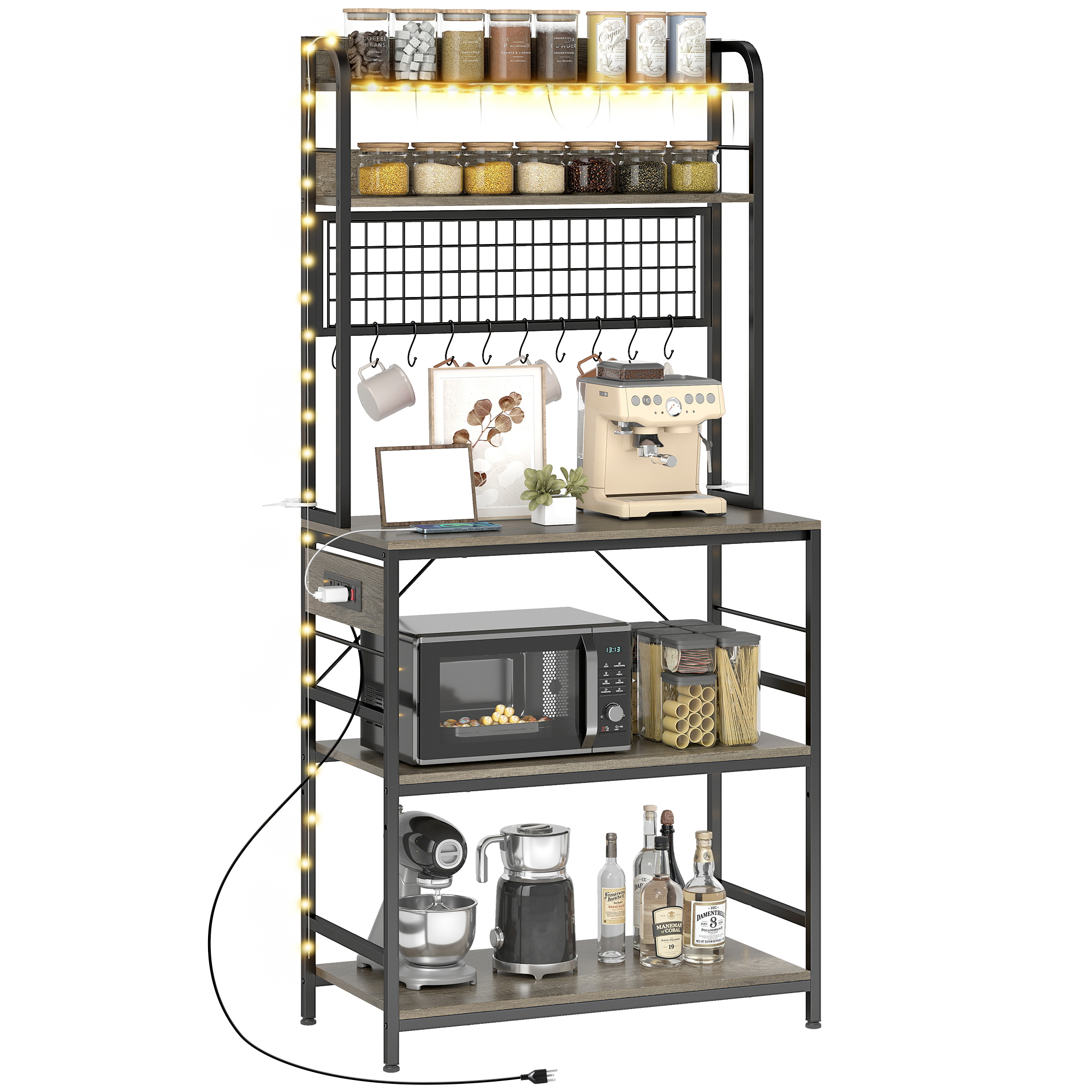 5-Tier Coffee Bar Hub with 10 Hooks, Cooking Baker's Holder with Power Outlet and LED Lightweight, Grey 1