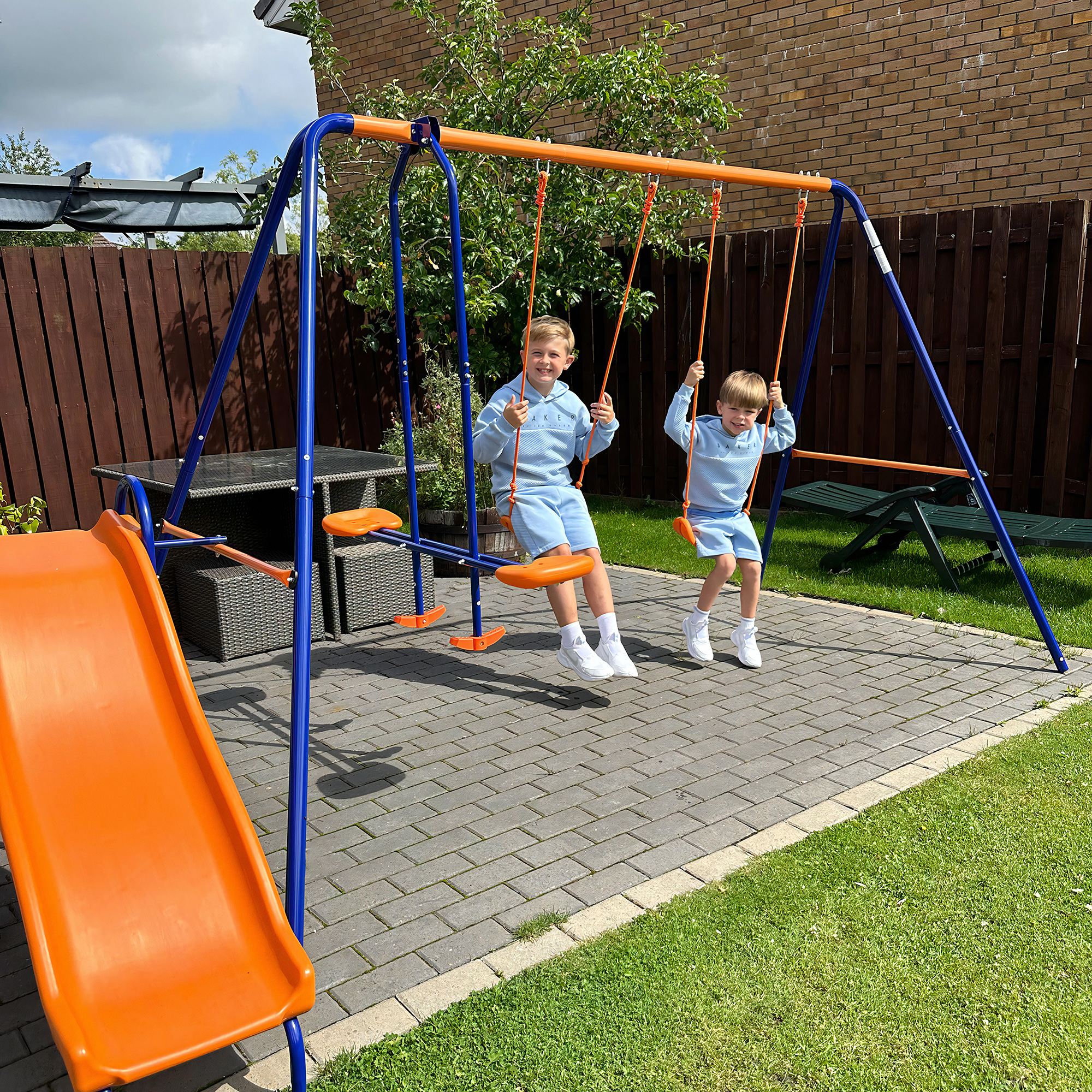 Outsunny 4 in 1 Metal Swing Set with Double Swings, Glider, Slide