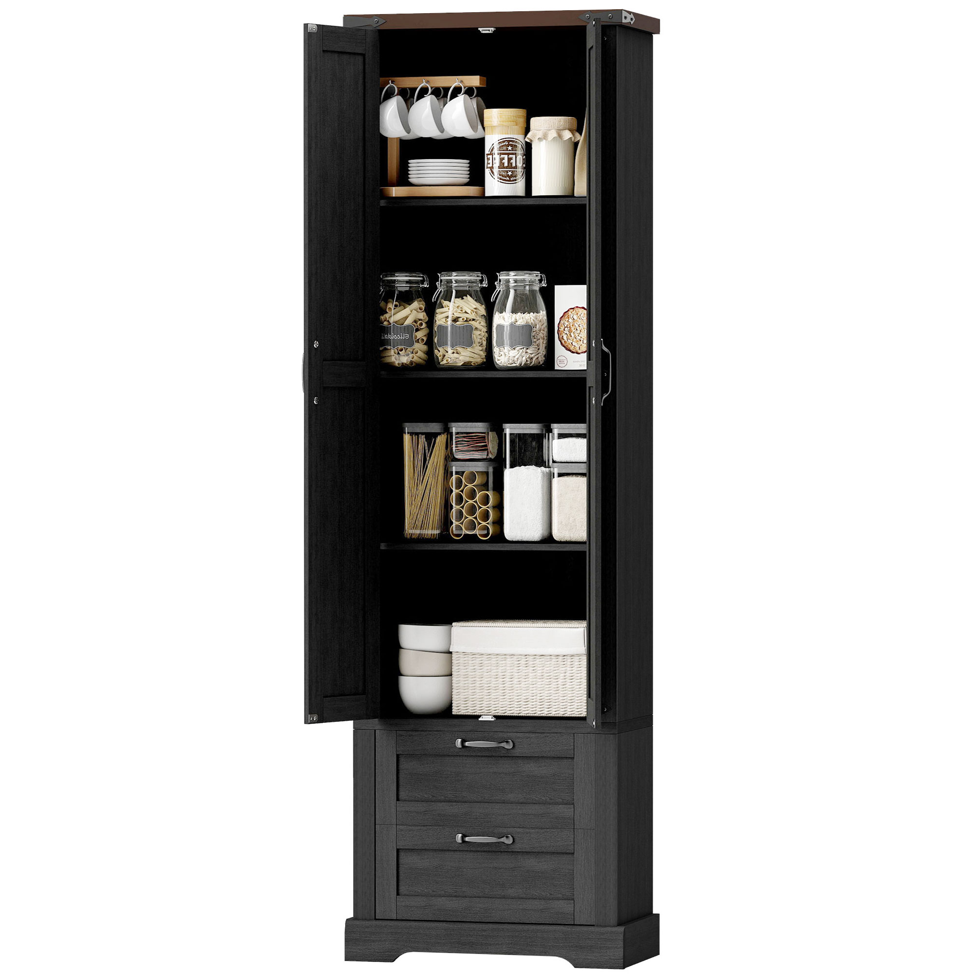 Farmhouse Cooking Organizer Organizer Unit with 2 Organizer Drawer and Adjustable-Height Shelves, 71" Tall Cooking Pantry Organizer Unit, Black 1