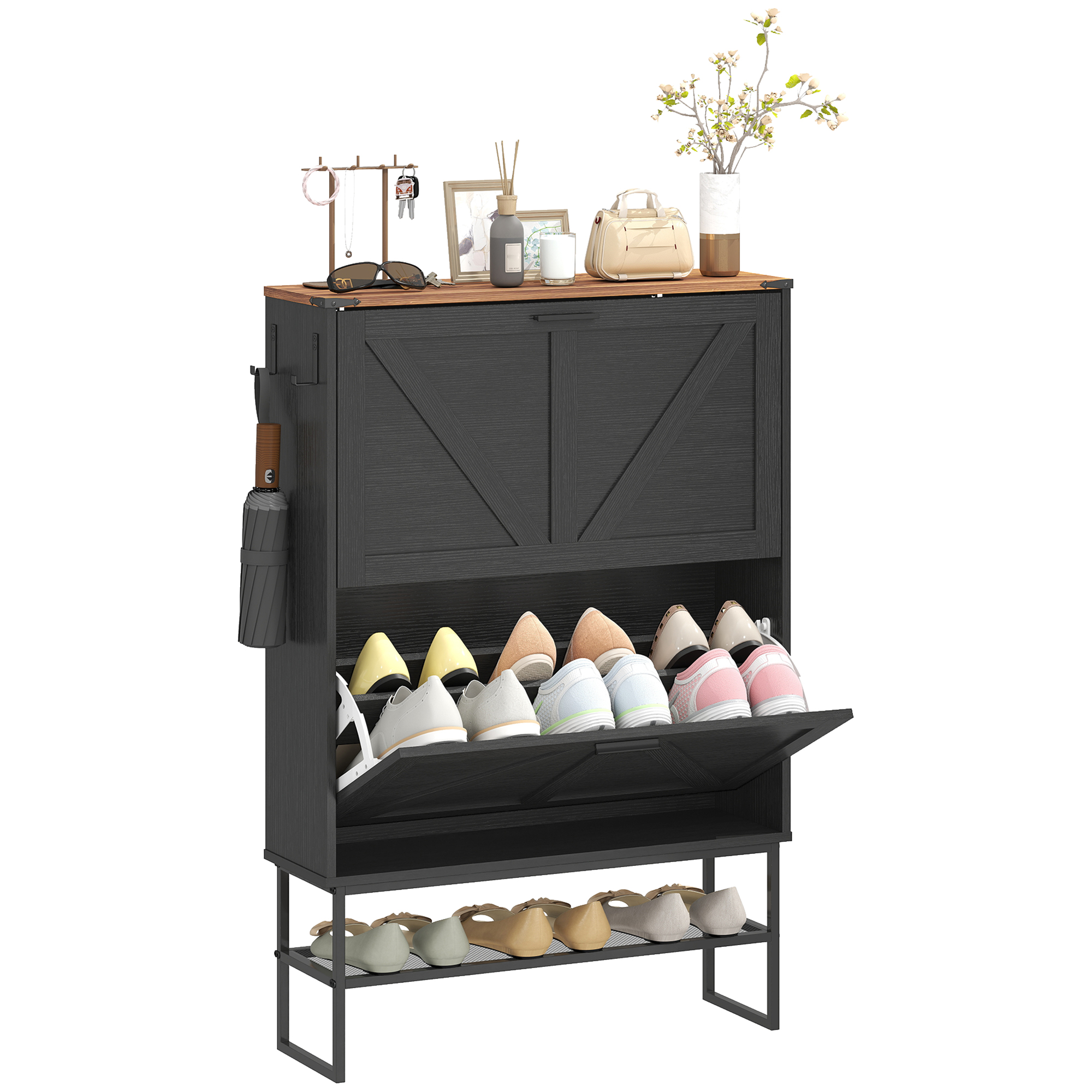 Slim Footwear Organizer Unit for 15-20 Pairs, Narrow Footwear Organizer Organizer Unit with 2 Flip Drawers, Black Wood Grain 1