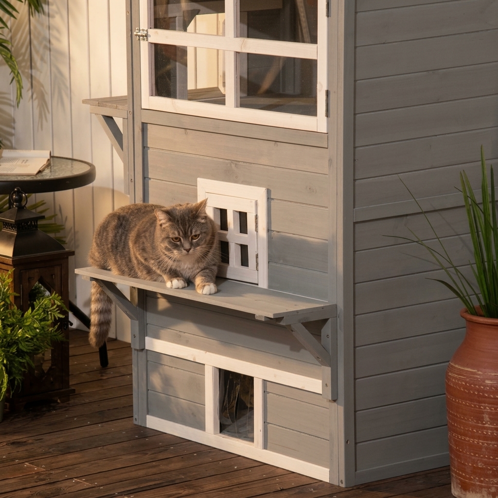 PawHut Outdoor Cat House 3-Tier with 5 Escape Doors, Gray and