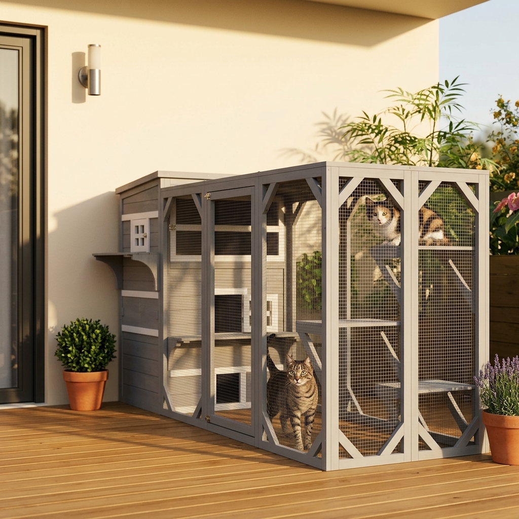 PawHut Outdoor Cat House 3-Tier with 5 Escape Doors, Gray and