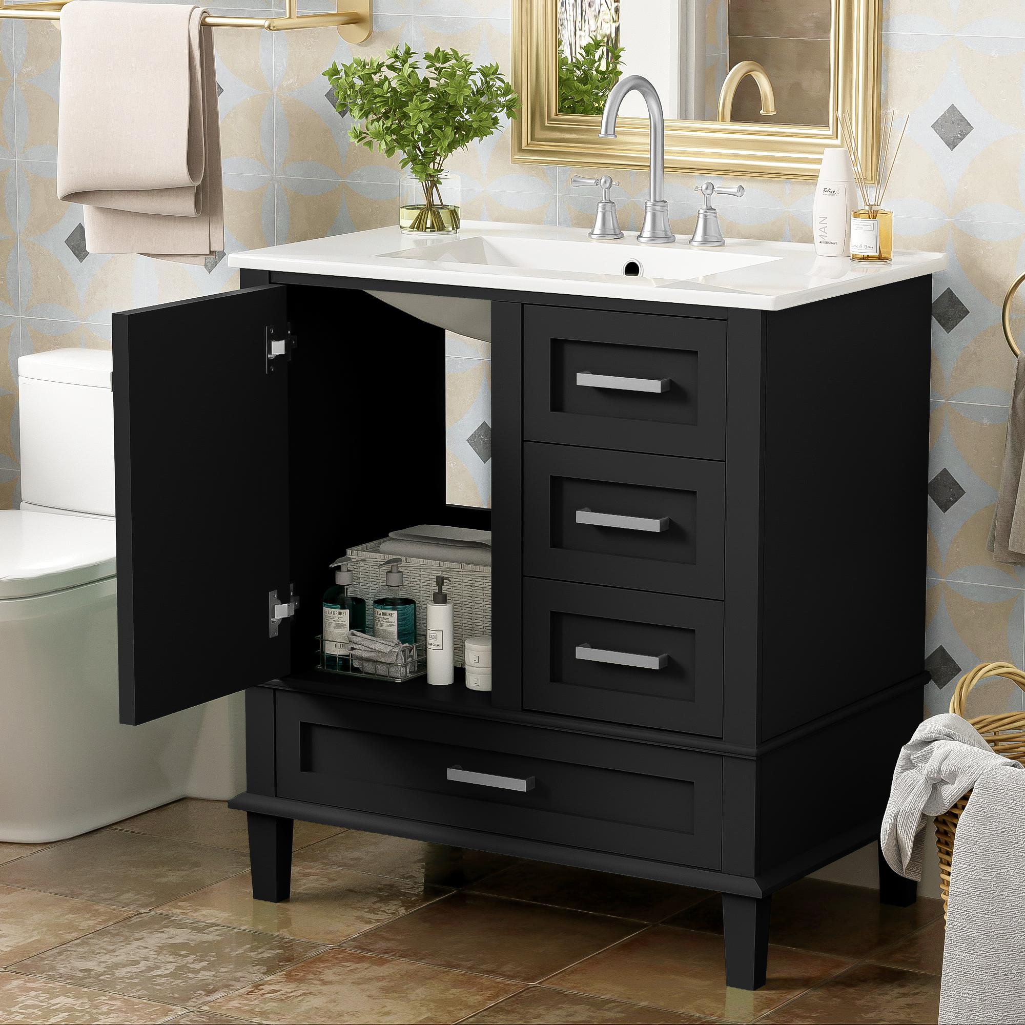 Bathroom Vanity Sink Combo with Solid Wood Frame, Free-Standing Cabinet for Contemporary Bathrooms, 30'' L x 18.5'' W x 34'' H, Black  |  Aosom Canada