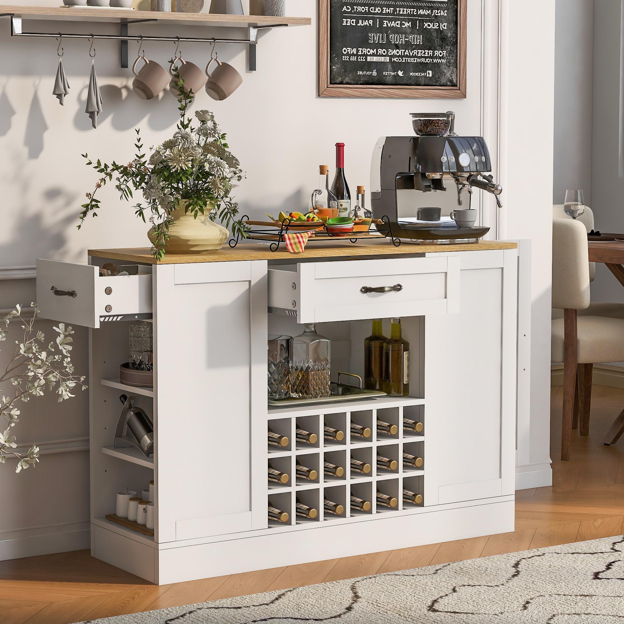 Modern Wine Bar Cabinet with Built-In Power Outlet, Pratical Sideboard with Adjustable Shelves, 47" L x 15.5" W x 34" H, White+Natural  | Aosom Canada