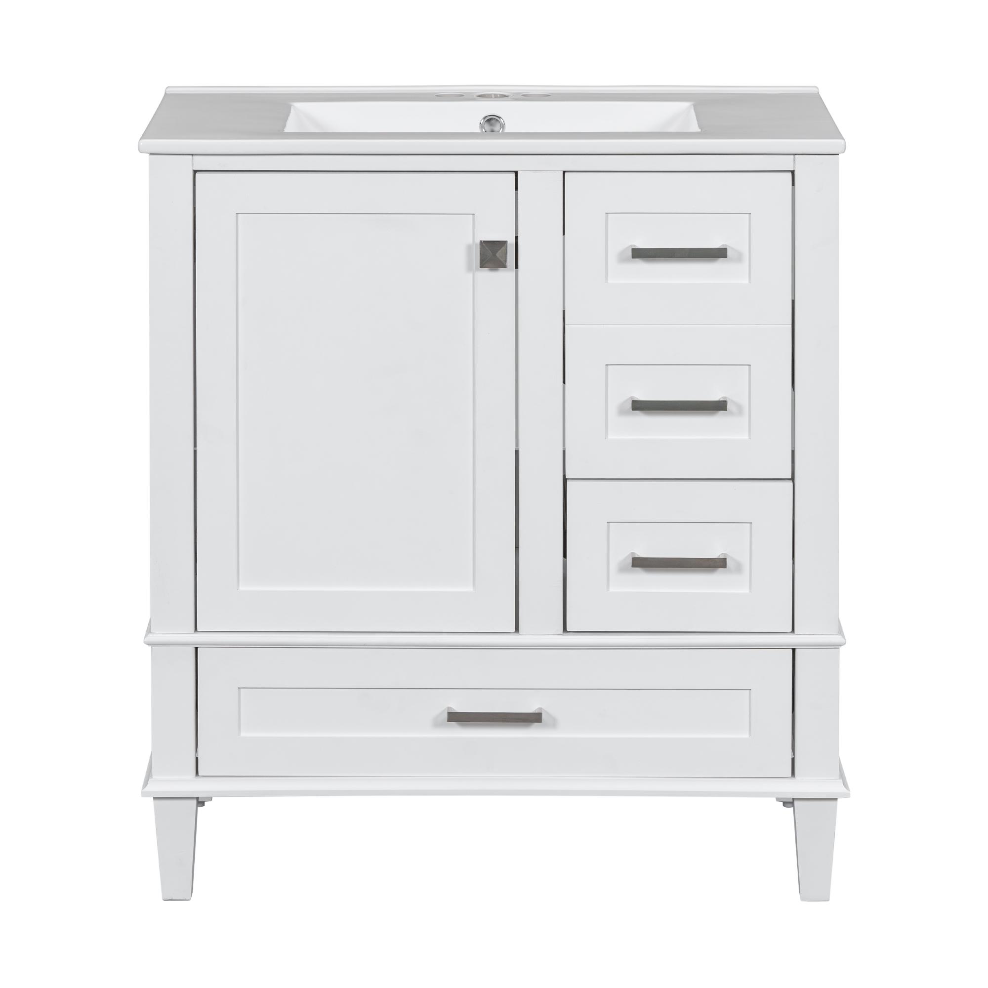 Modern Bathroom Vanity with Sink Combo, Solid Wood Frame, Cabinet with Soft-Close Door and 3 Drawers, 30" L x 18" W x 34" H, White | Aosom Canada