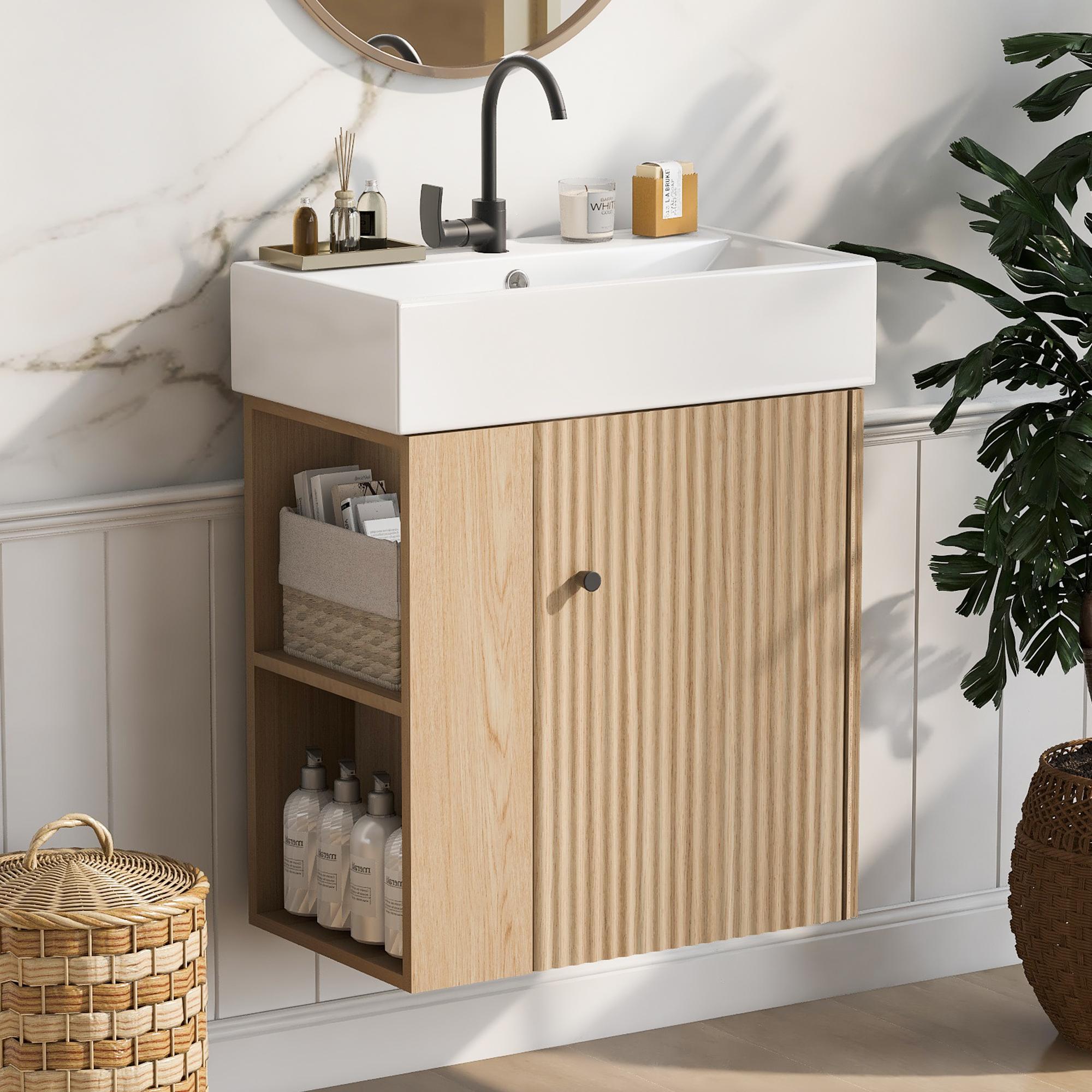 Floating Bathroom Vanity with Ceramic Basin, Wall-Mounted Cabinet for Compact Washroom, 21.5'' L x 12'' W x 26.5'' H, Wood  |  Aosom Canada