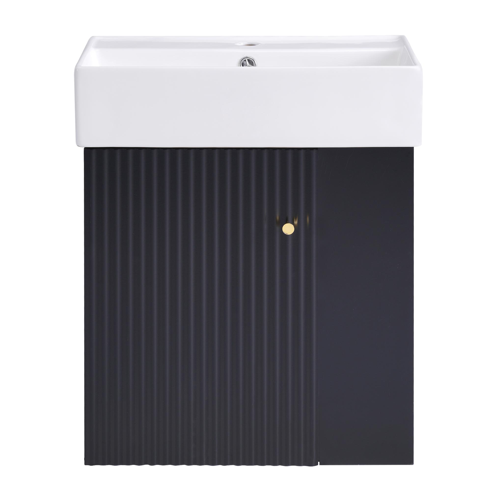 Modern Bathroom Vanity with Ceramic Basin and Right Side Storage, Cabinet with Gold Handle, 21.5" L x 12" W x 26.5" H, Black+White | Aosom Canada