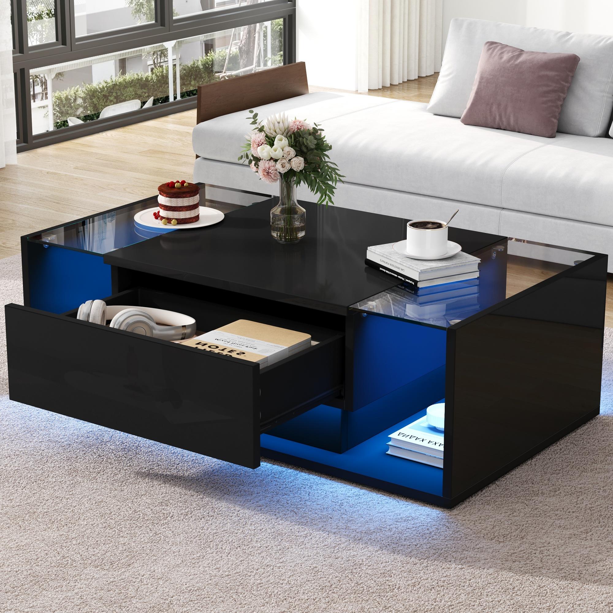 High-Gloss Coffee Table with Tempered Glass Storage, Compact Center Table with Semi-Open Shelf, 39.5″ L x 19.5″ W x 12″ H, Black  | Aosom Canada