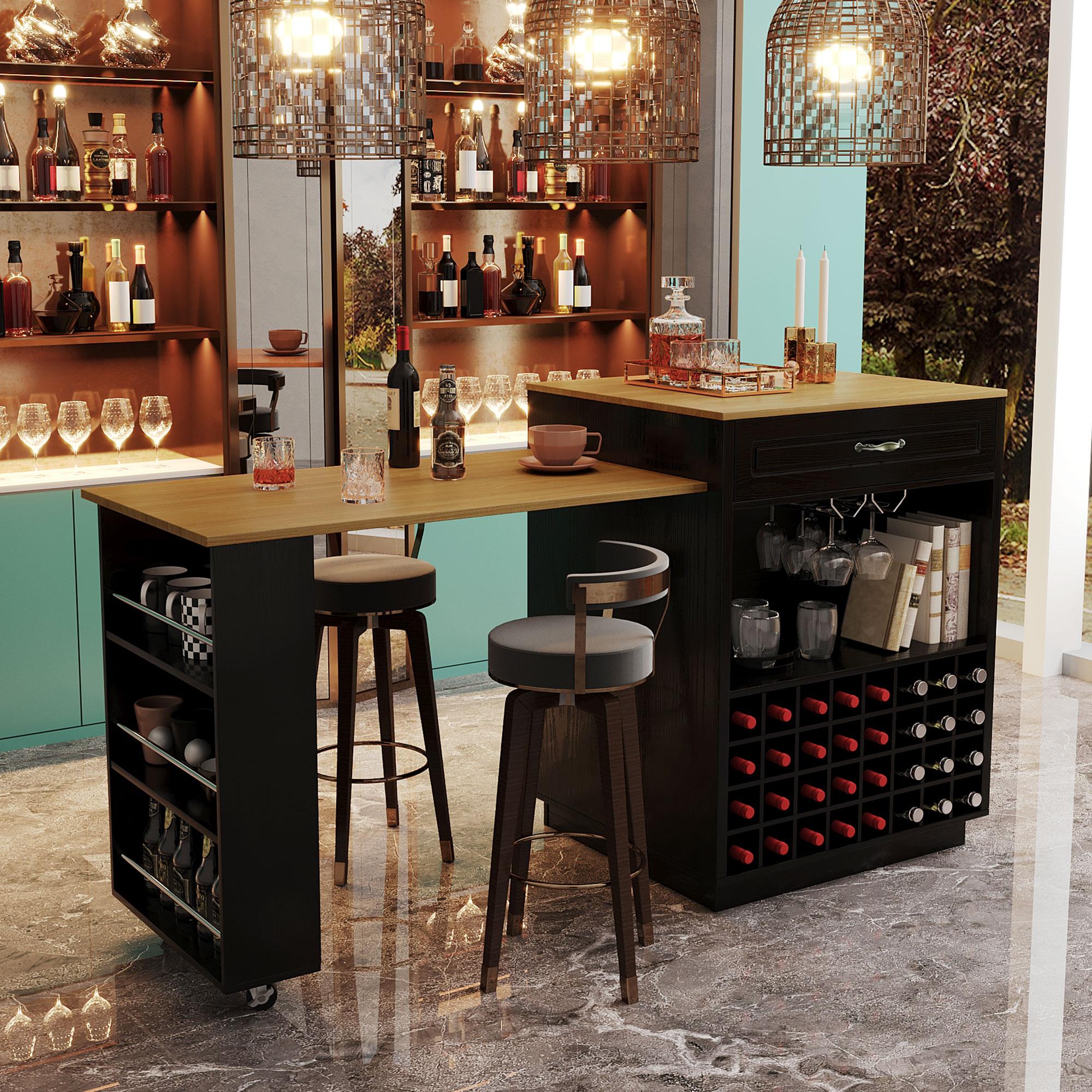 Stylish Bar Table with Extendable Countertop, Spacious Kitchen Counter with Storage Shelf, 73″ L x 27.5″ W x 41.5″ H, Black+Natural  | Aosom Canada