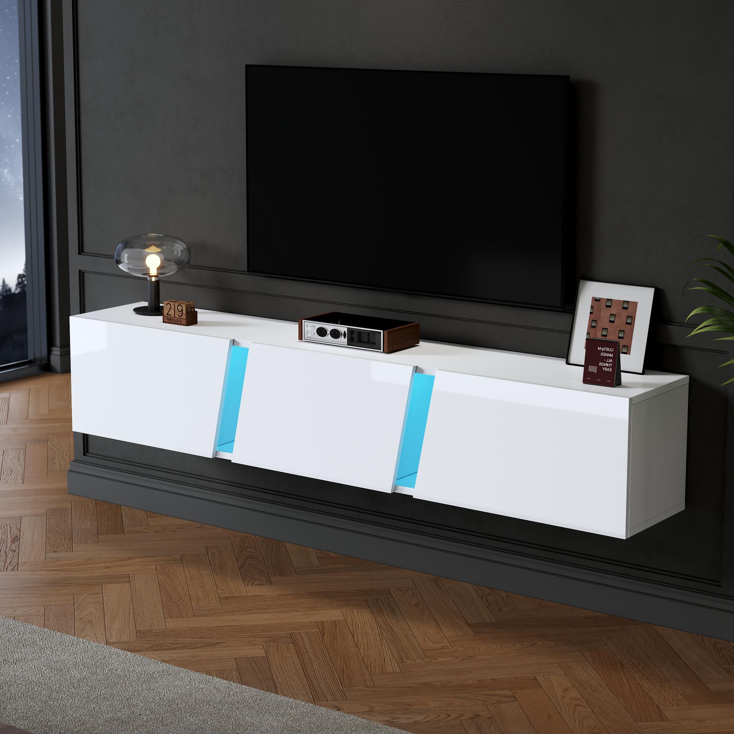 Wall-Mounted TV Stand with App-Controlled LED, Space-Saving TV Cabinet with Translucent Acrylic Panel, 65" L x 13.5" W x 12" H, White  | Aosom Canada