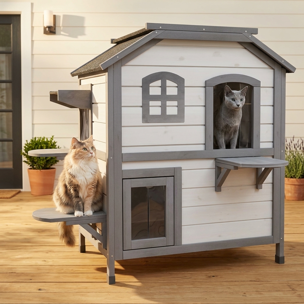 PawHut Fir Wood 2-Story Outdoor Cat House, Wooden Feral Cat
