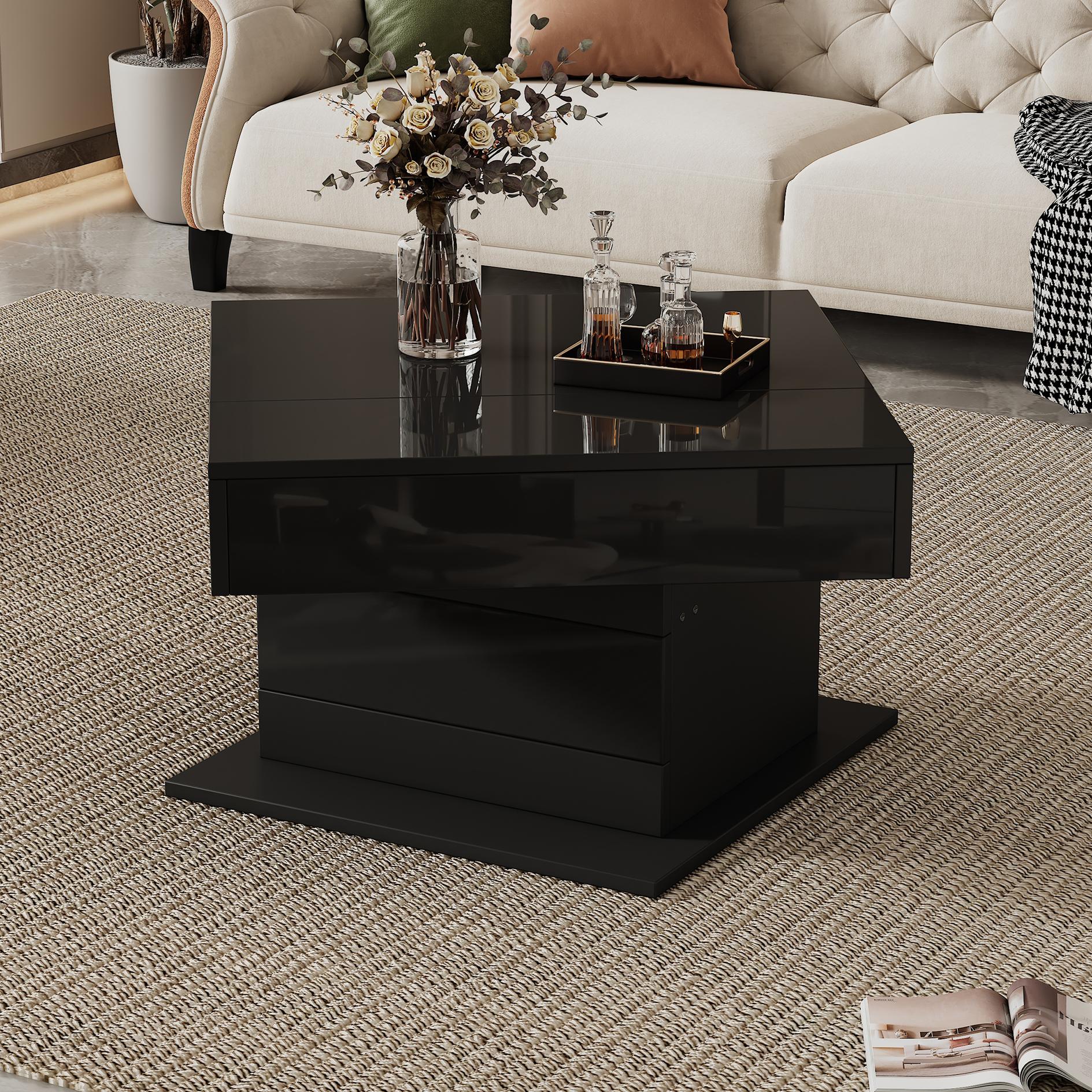 360° Rotating Lift-Top Coffee Table with Square Top, Modern Center Table with Hidden Storage, 27.5" L x 27.5" W x 17.5" H, Black  | Aosom Canada