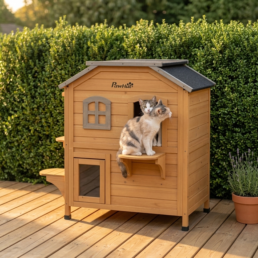PawHut Solid Wood Cat House 2-Stories with Tons of Room Waterproof