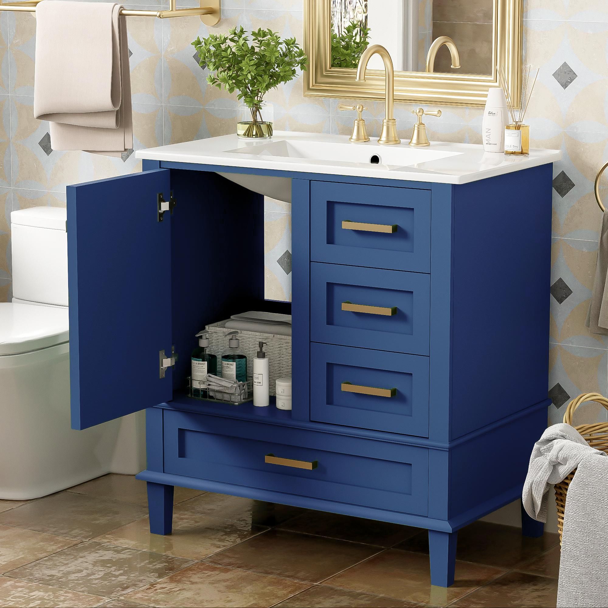 Free-Standing Bathroom Vanity with Ceramic Sink Combo, Modern Cabinet with Solid Wood Frame, 30'' L x 18.5'' W x 34'' H, Blue  |  Aosom Canada