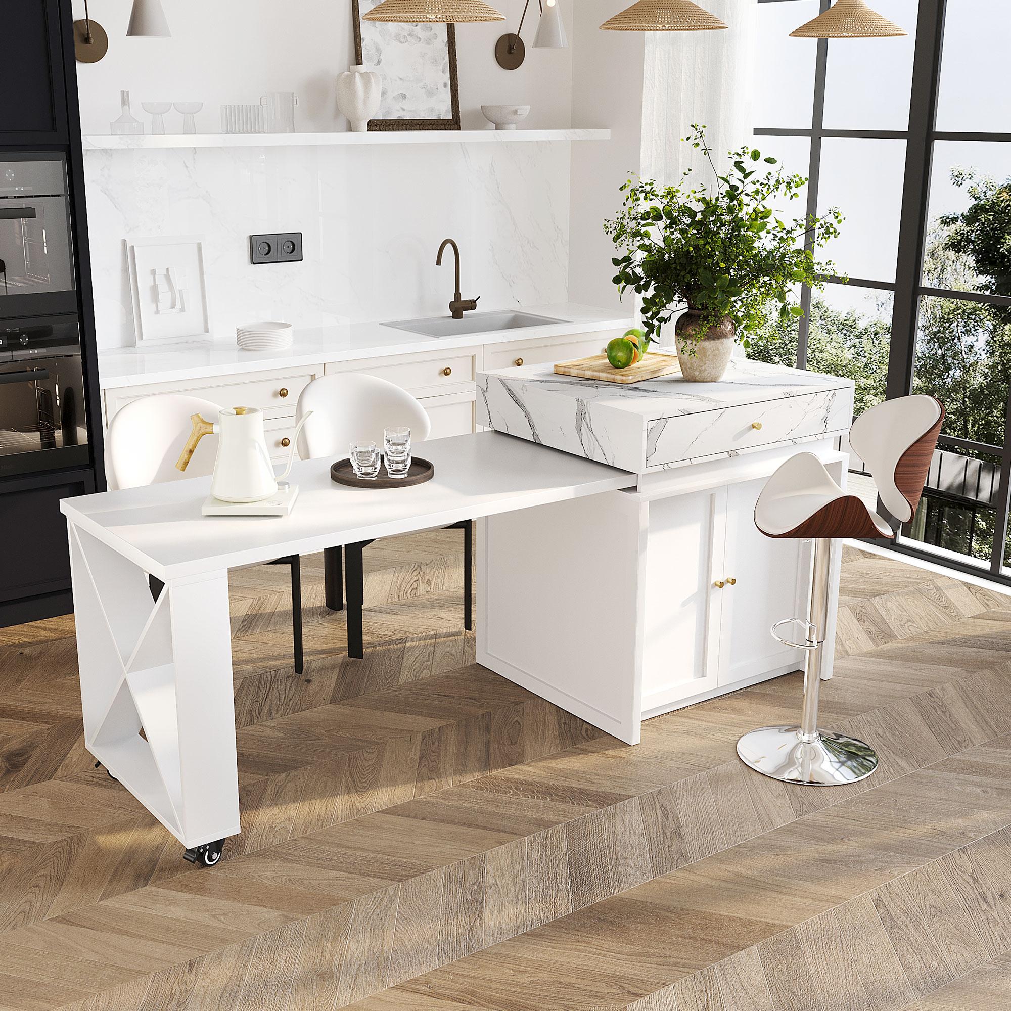 Modern Bar Table with 4-in-1 Extendable Pull-Out Table, Kitchen Island with Adjustable Shelf, 82.5" L x 32.5" W x 28" H, White  | Aosom Canada