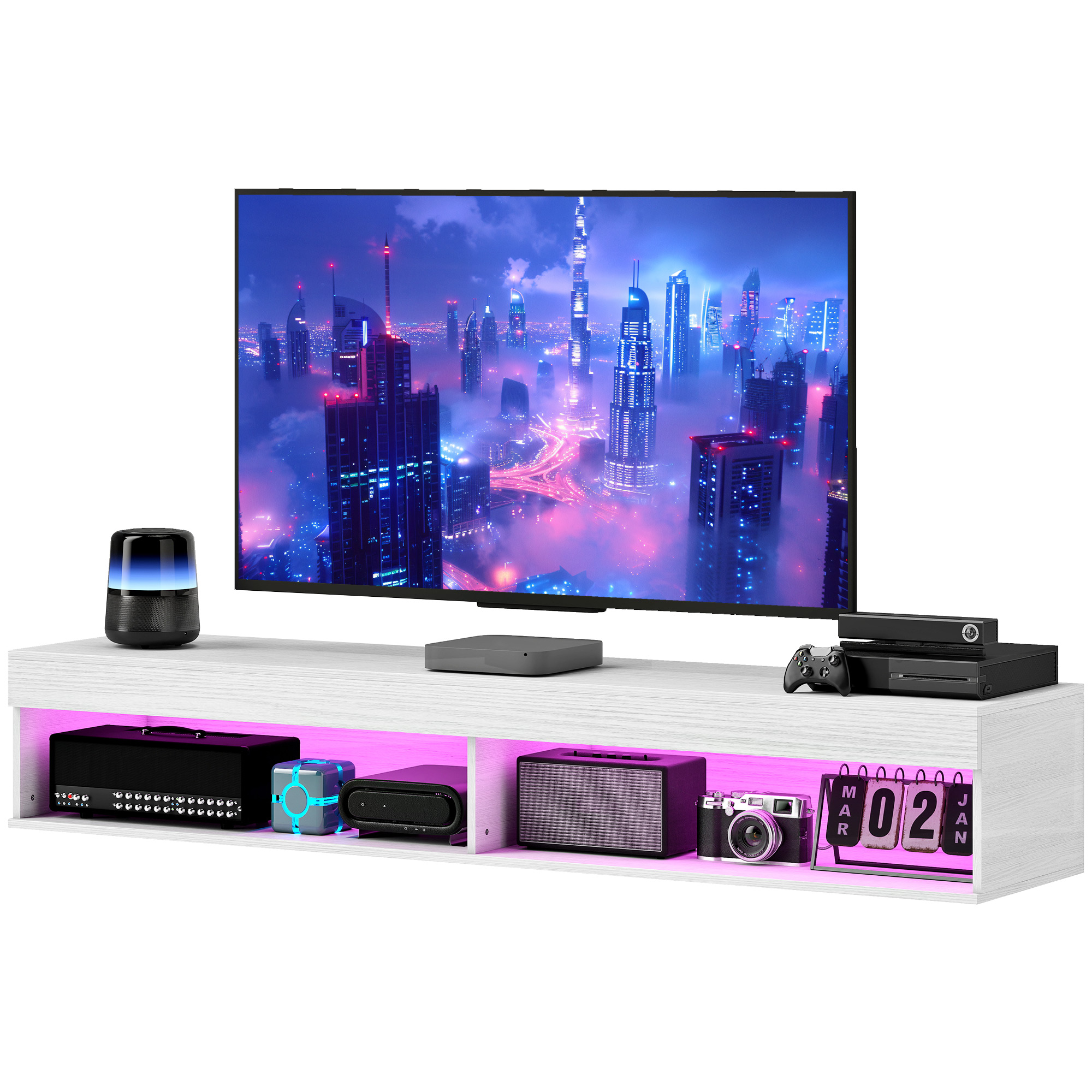 Floating TV Shelving for Living Room, Modern Wall Mount Mounted TV Stand with Organizer and LED Lights for TVs up to 75", White 1