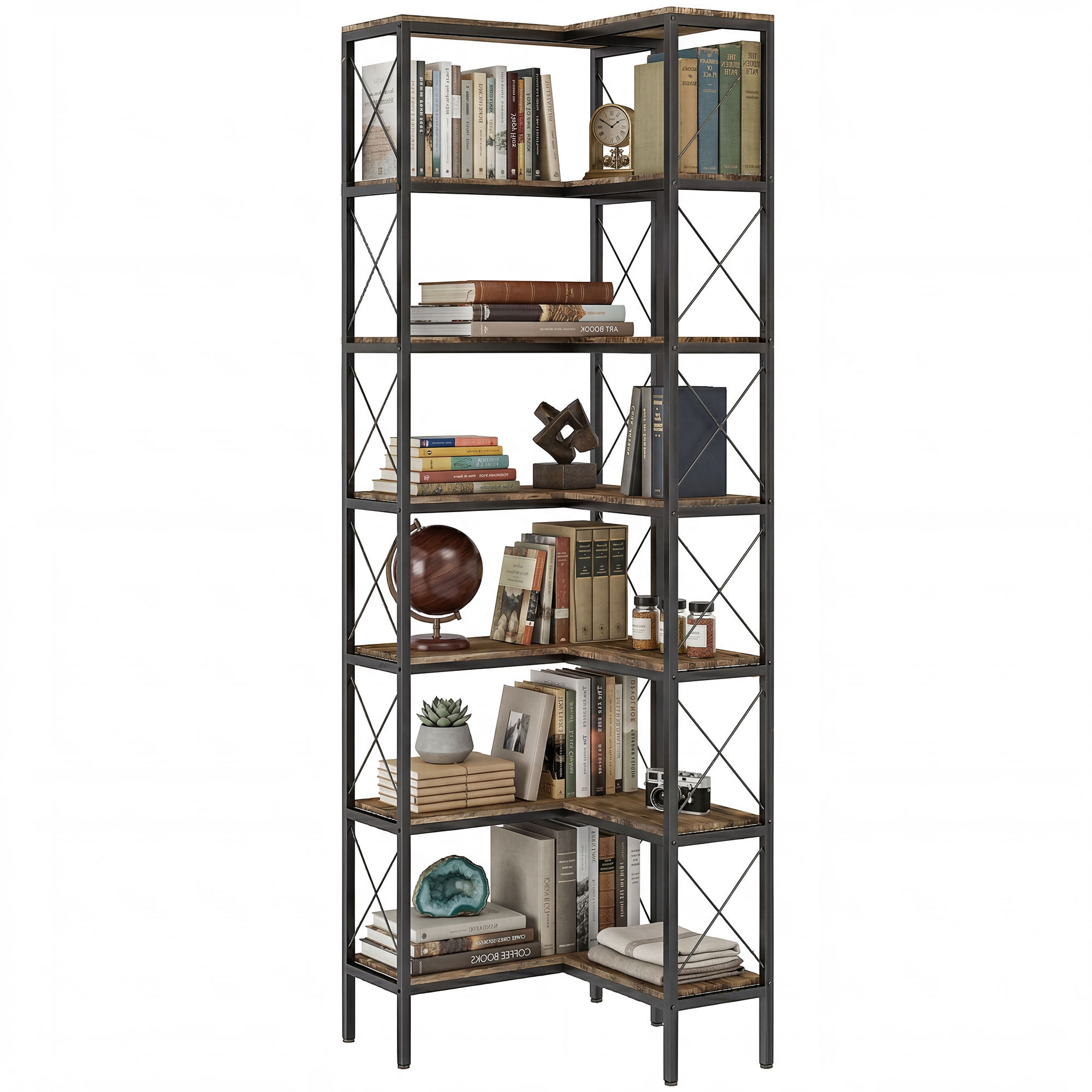Freestanding Corner Bookshelf with Metal Structure, 6-Tier L-Shaped Bookshelf, Rustic Brown 1