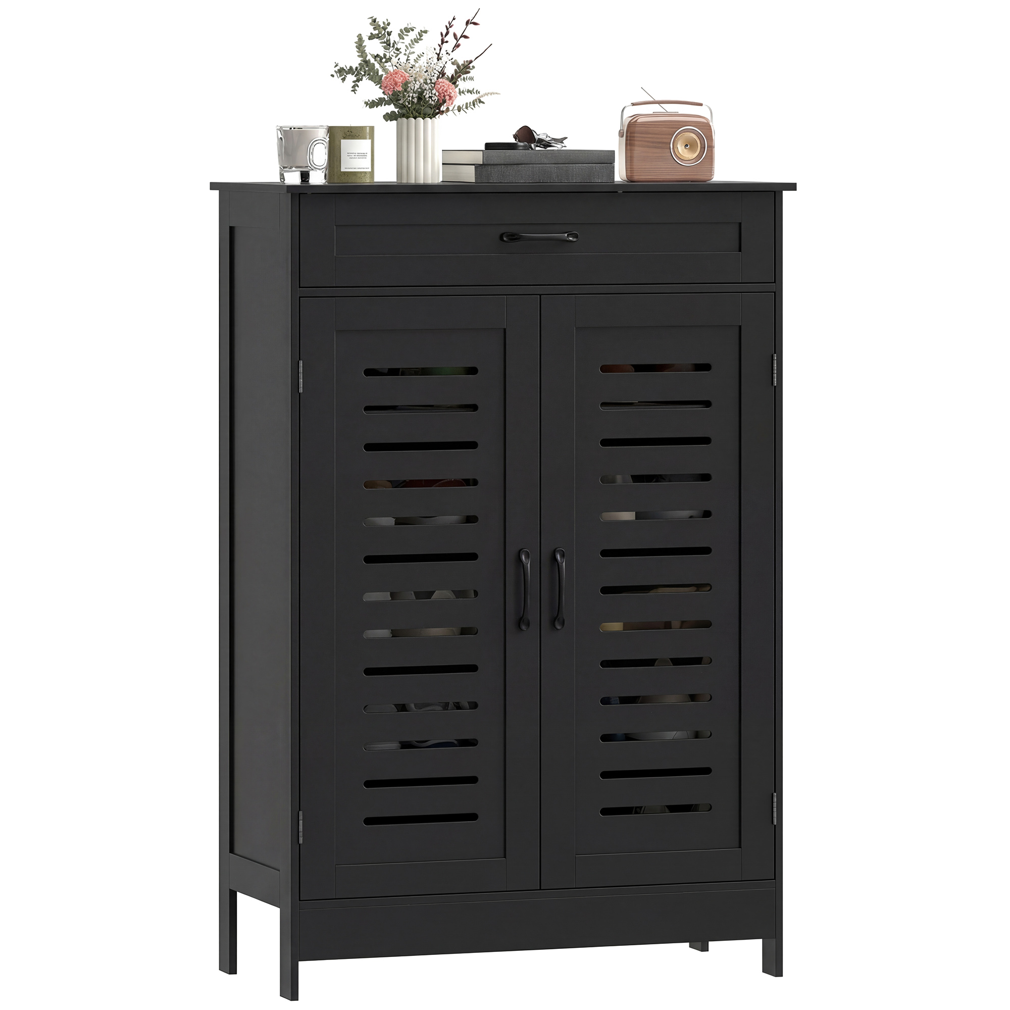 Modern Footwear Organizer Organizer Unit with Organizer Drawer and Adjustable-Height Shelves, Footwear Organizer Unit with Louvered Doors, Black 1