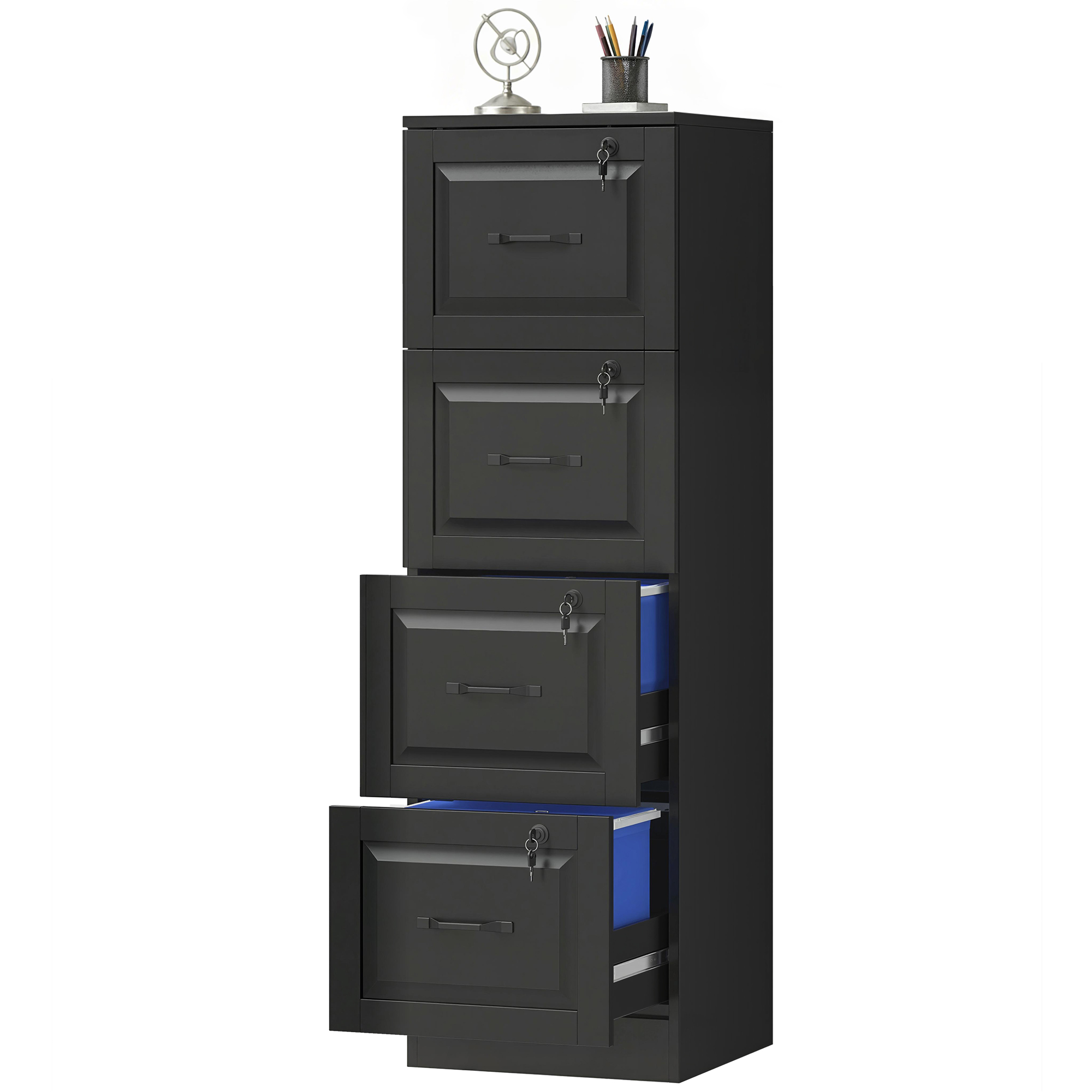 Vertical Document Organizer Unit with Adjustable-Height Hanging Bars for A4 and Letter Size, 4 Organizer Drawer File Organizer Unit with Locking, Black 1